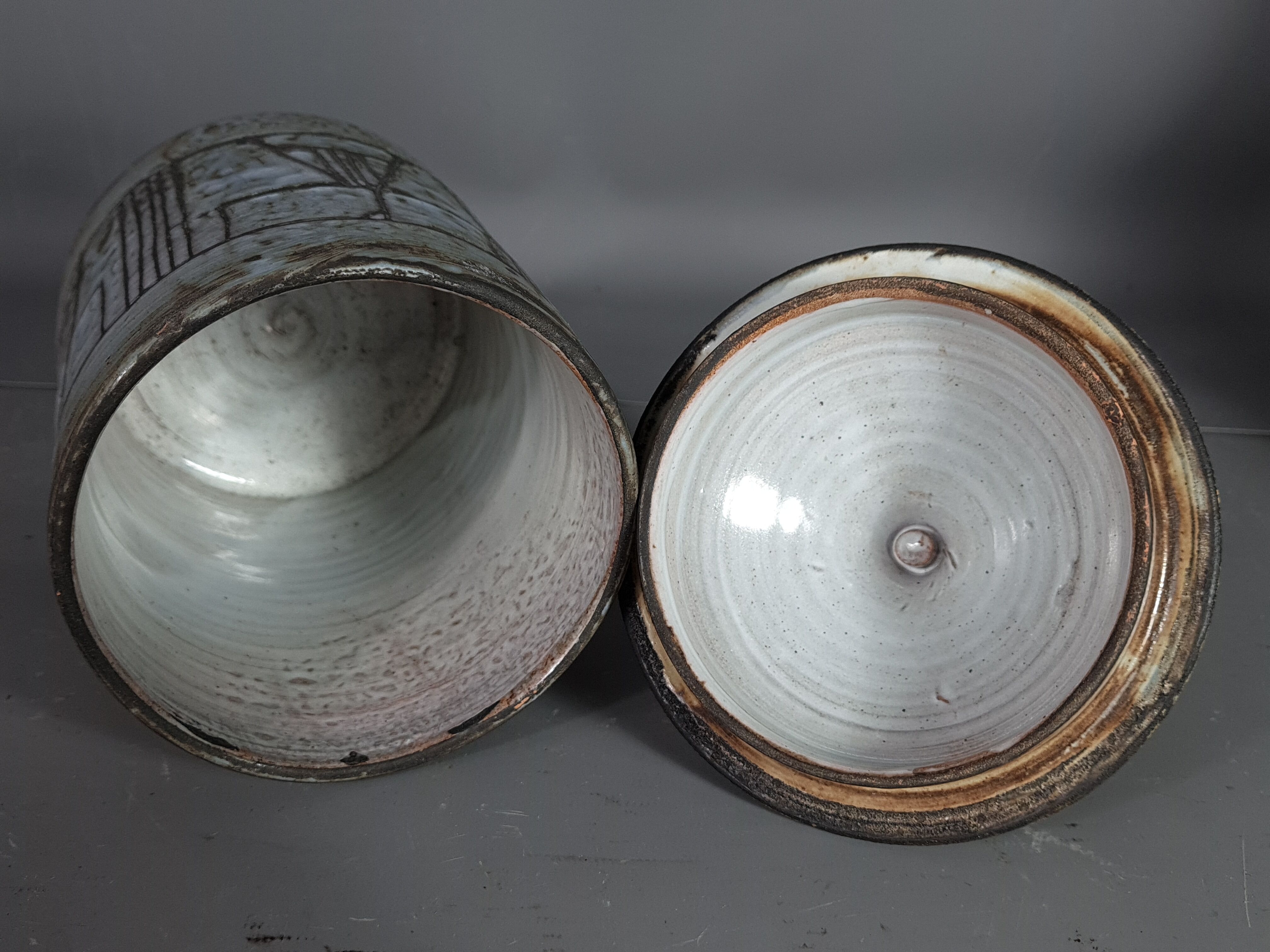 J. Pouchain (1925-2015) incised covered pot enamelled abstract decoration, signed. SB