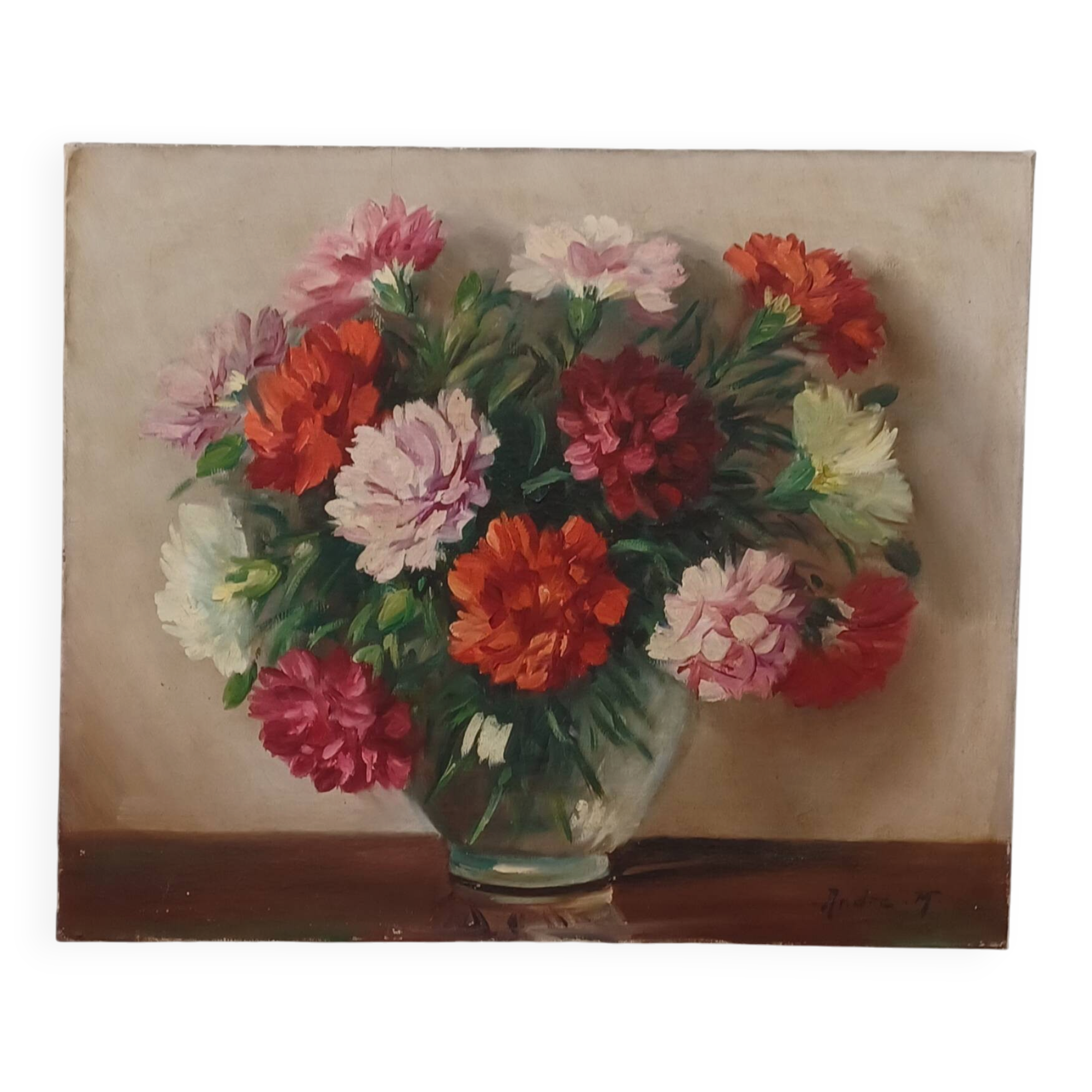 Bouquet de pivoines - huile sur toile signee: andre .m