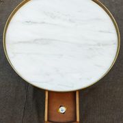 French hot water bottle table in Louis XVI style (1890); marble top and bronze gallery