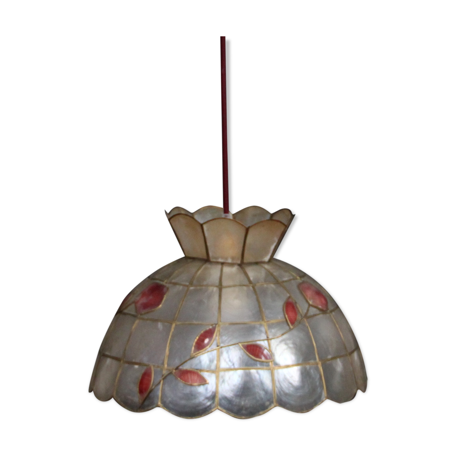 Chandelier pendant lamp Lampshade brass, shells 1950