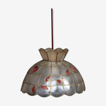 Luminaire lustre suspension abat jour nacre laiton coquillages 1950