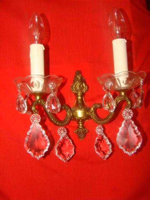 pair of bronze and crystal wall lights with 2 arms