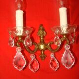 pair of bronze and crystal wall lights with 2 arms
