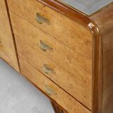 Italian Art Deco Sideboard In Walnut Burl And Brass.