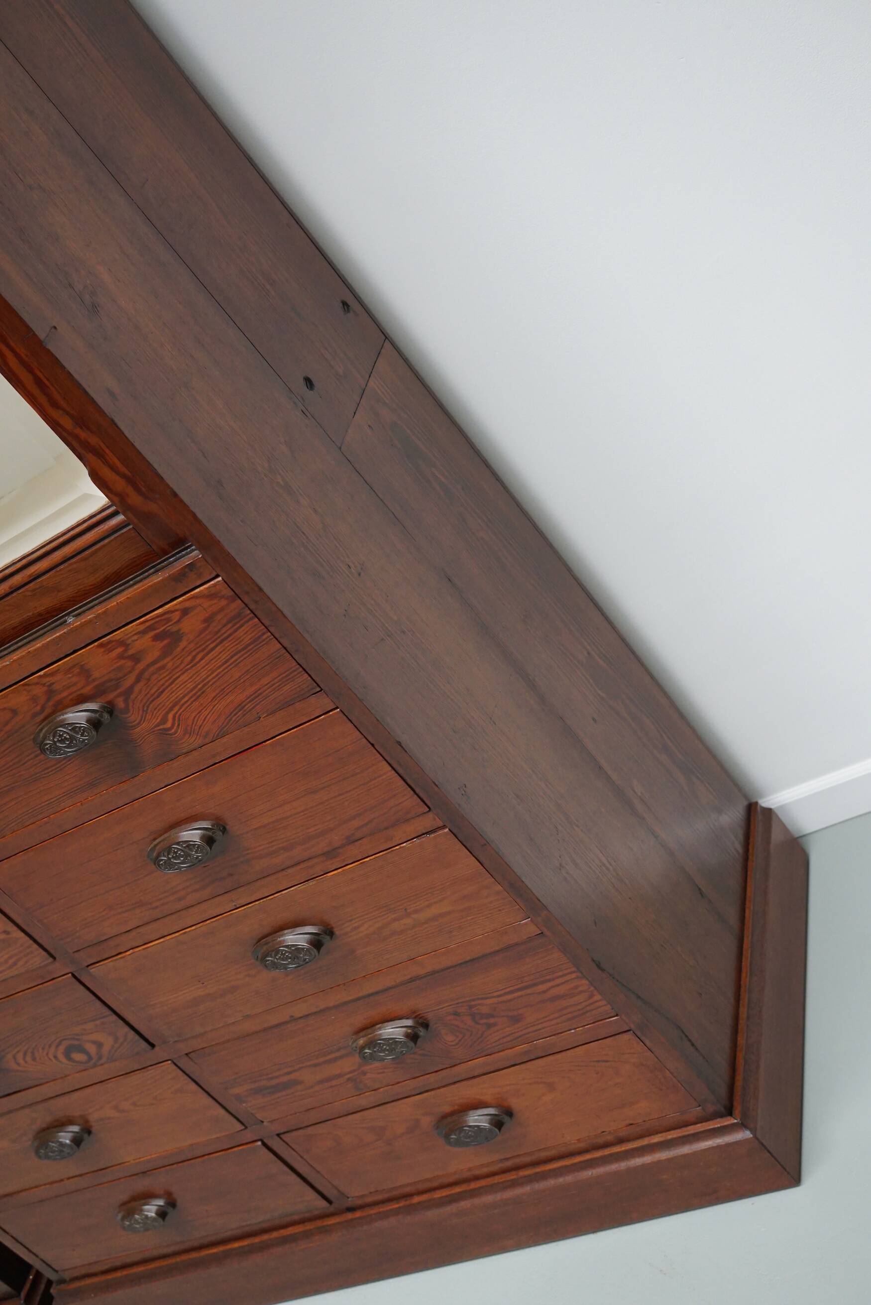 Large Antique Belgian Pitch Pine Apothecary Shop Cabinet / Vitrine, ca 1900