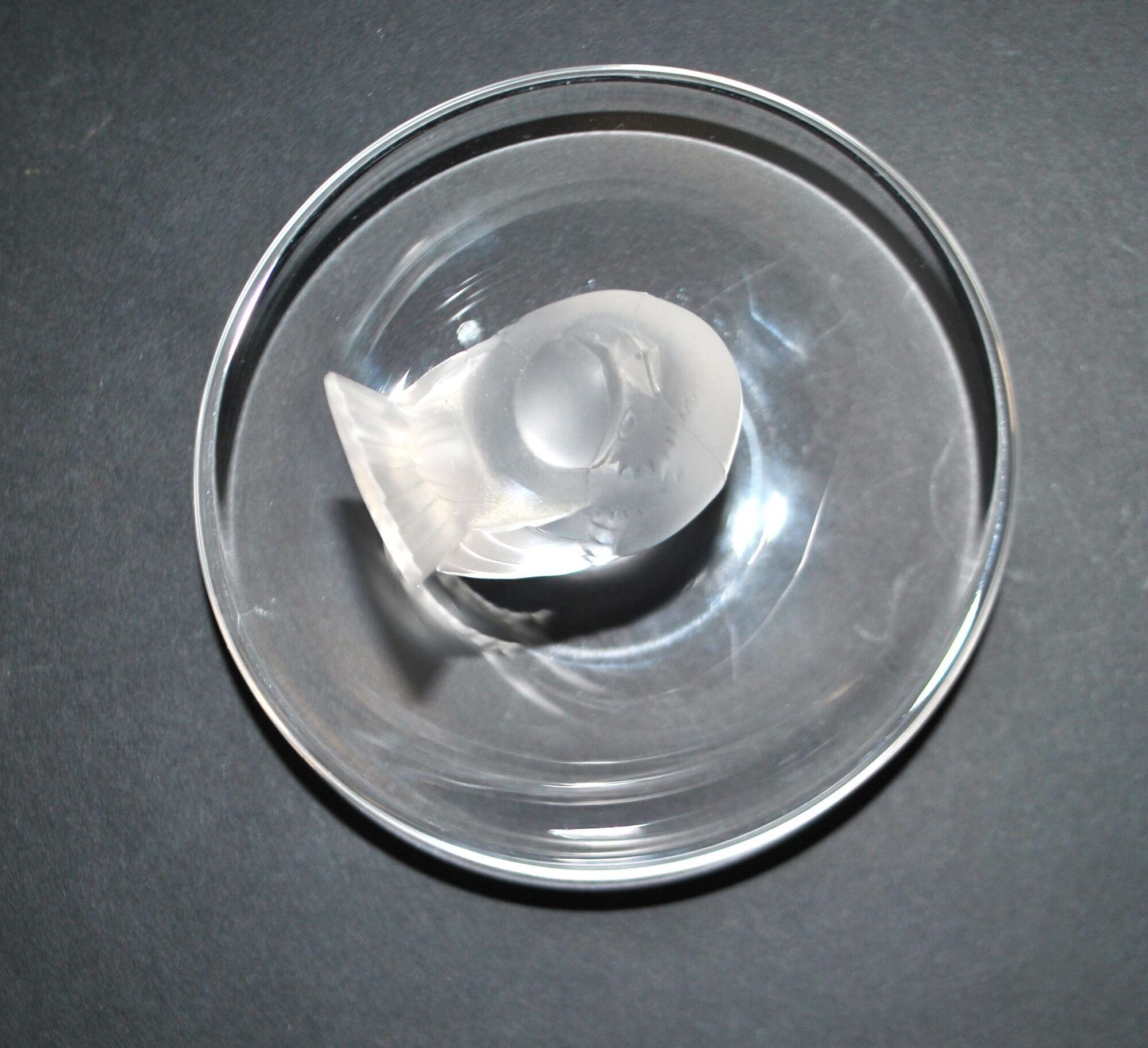 Lalique ashtray bowl Cheeky Sparrow crystal frosted and signed