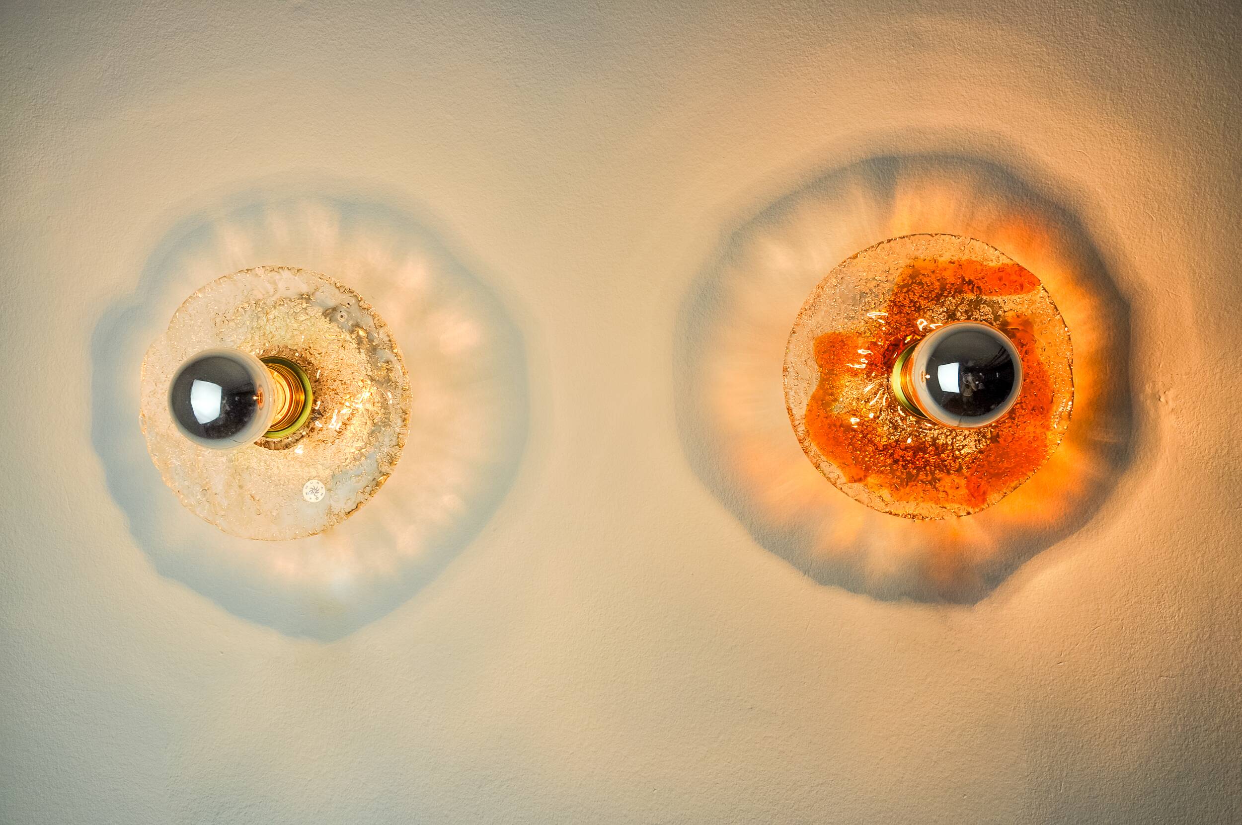 Pair of round wall lights by Murano Mazzega in frosted glass, Italy, 1970
