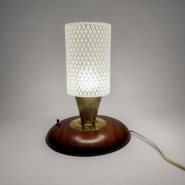 Lampe de table scandinave teck et verre structuré années 50