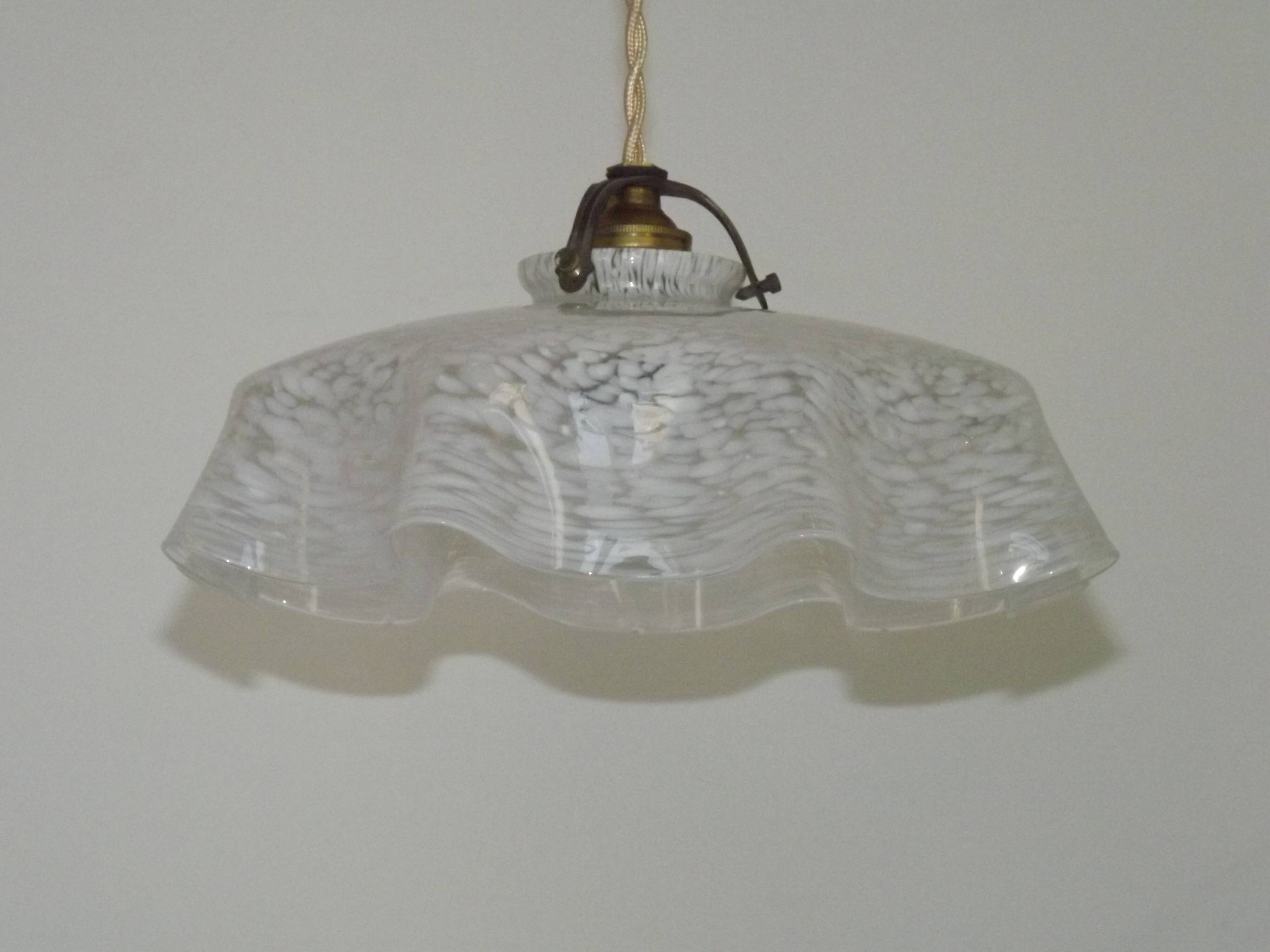 French Vintage 1930s White Frilled Clichy Glass Lampshade Ceiling Light