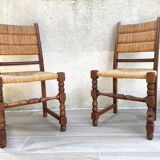 Pair of straw and solid oak chairs