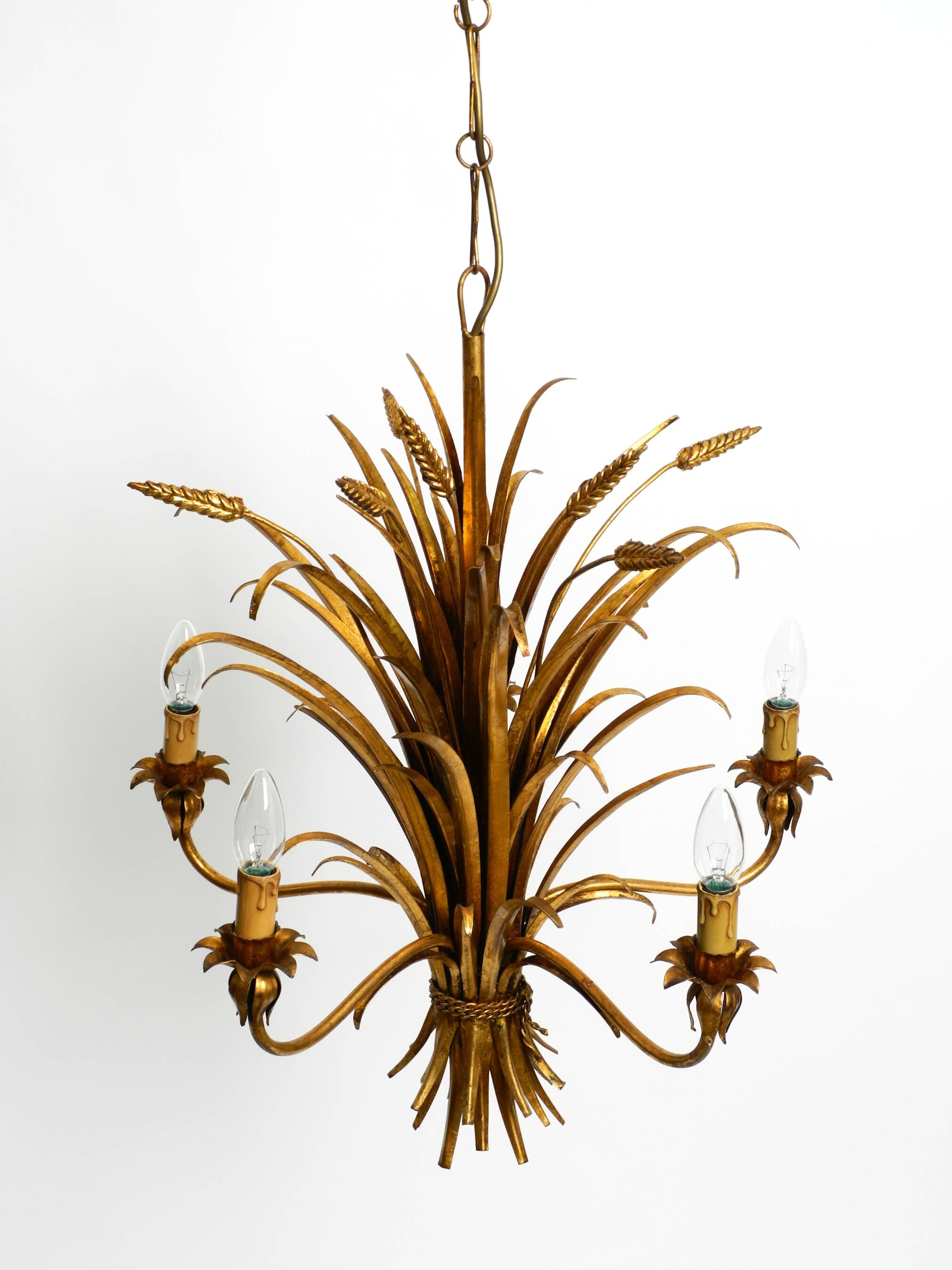 Beautiful huge 1970s gold-plated 5-arm tall metal chandelier by Hans Kögl