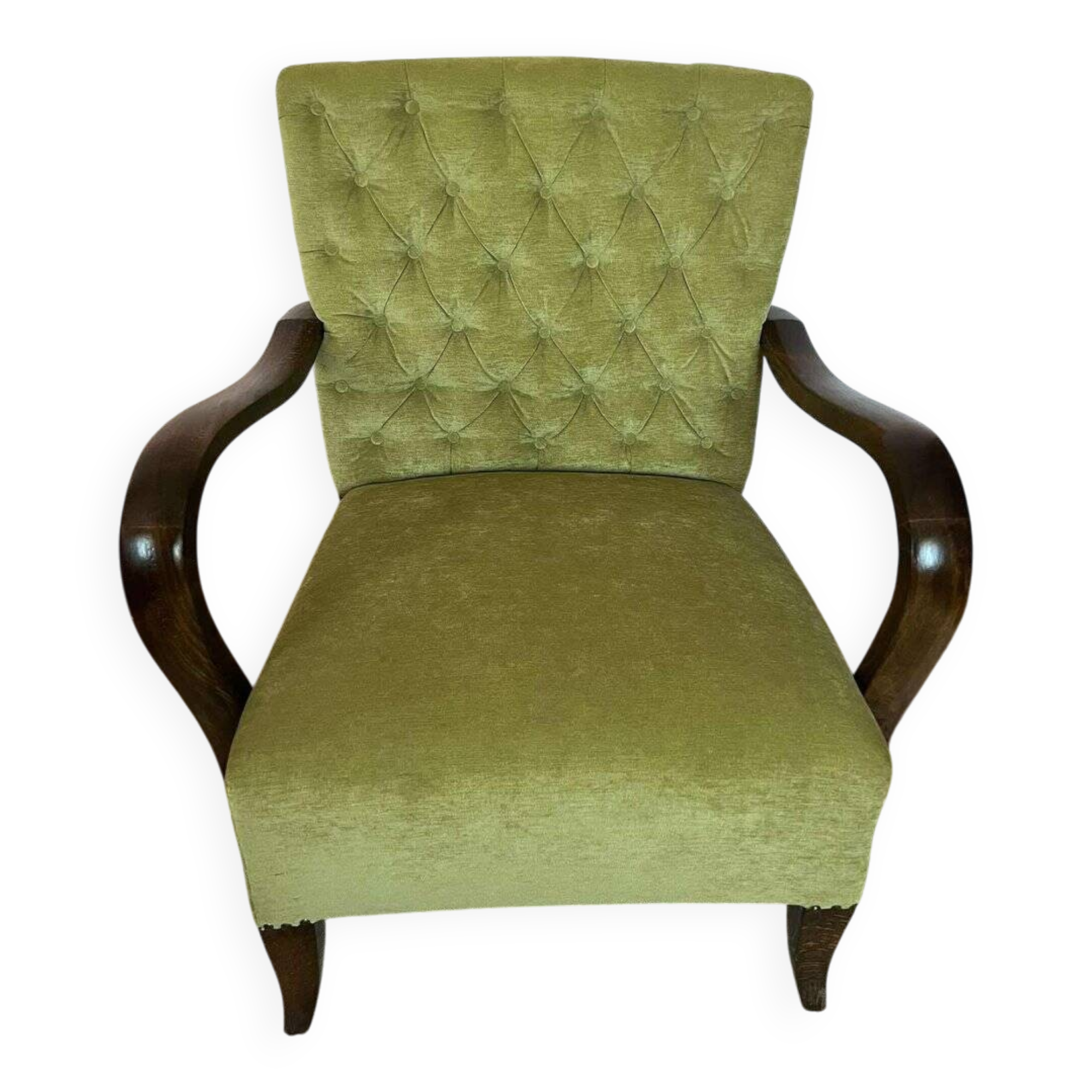 Art Deco walnut and green velvet armchair, Central Europe, 1930s