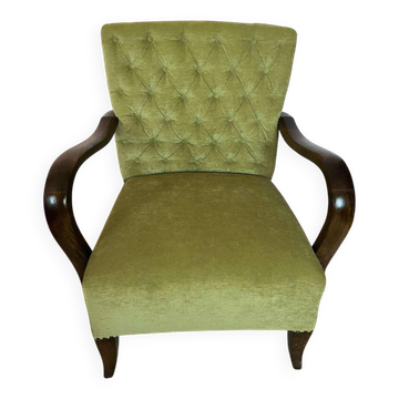 Art Deco walnut and green velvet armchair, Central Europe, 1930s