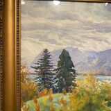 Old painting, landscape of a Swiss lake, signed A Bezencon, dated 1921
