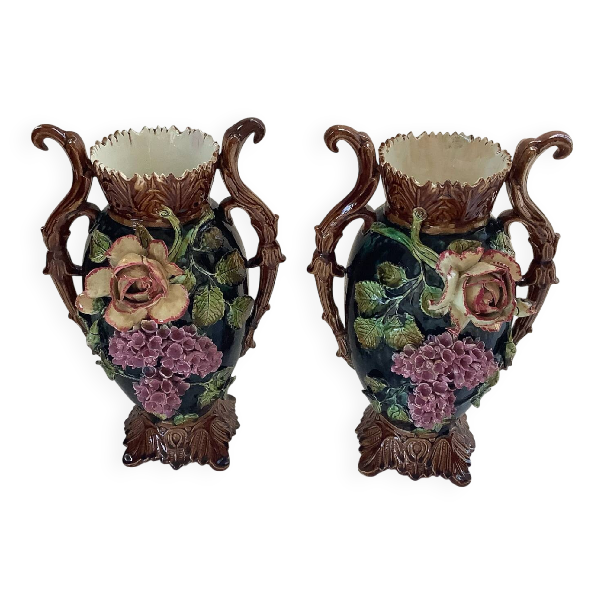 Art Nouveau Pair of Barbotine Vases France