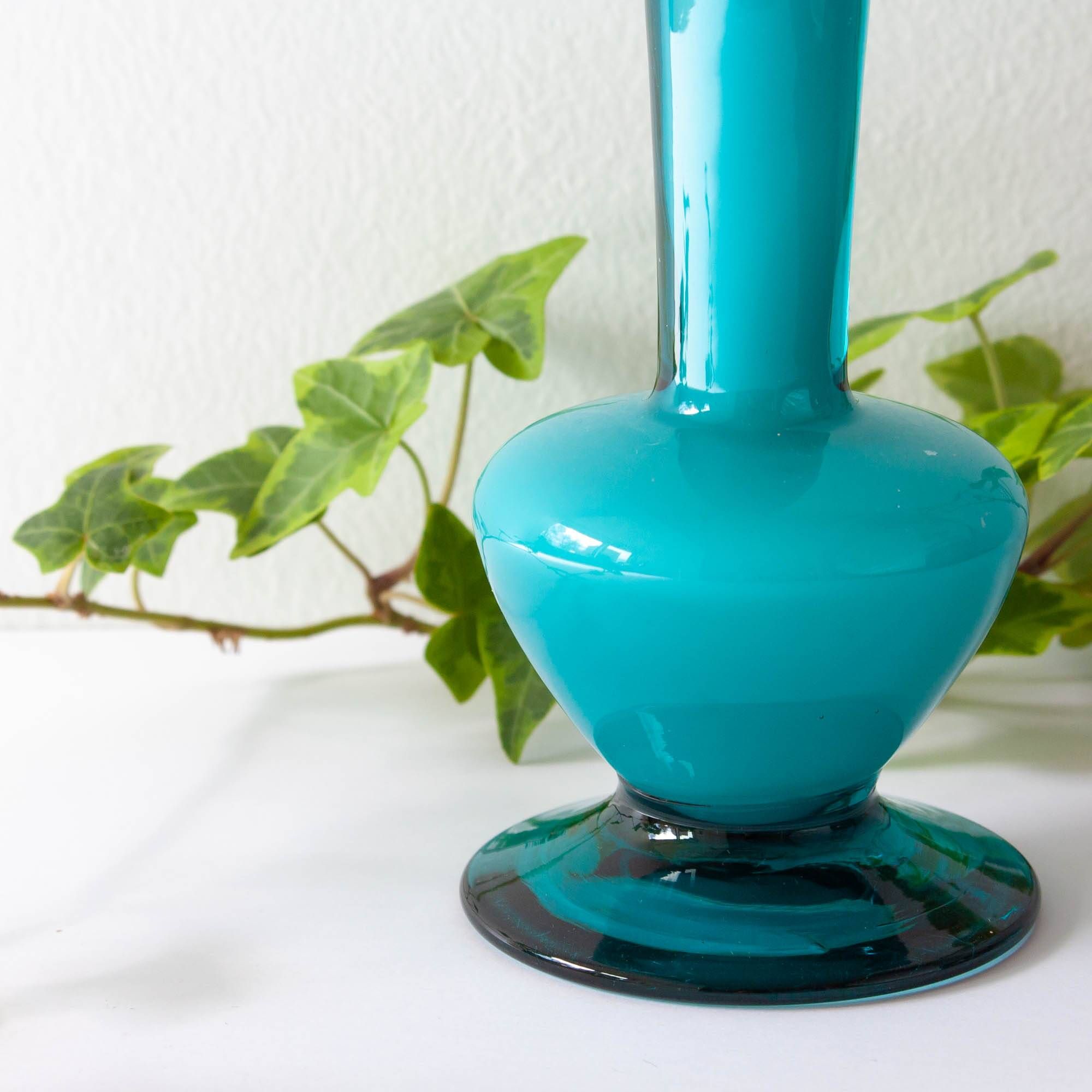 Vintage 1960s Portuguese Blue Glass Vase with Foot