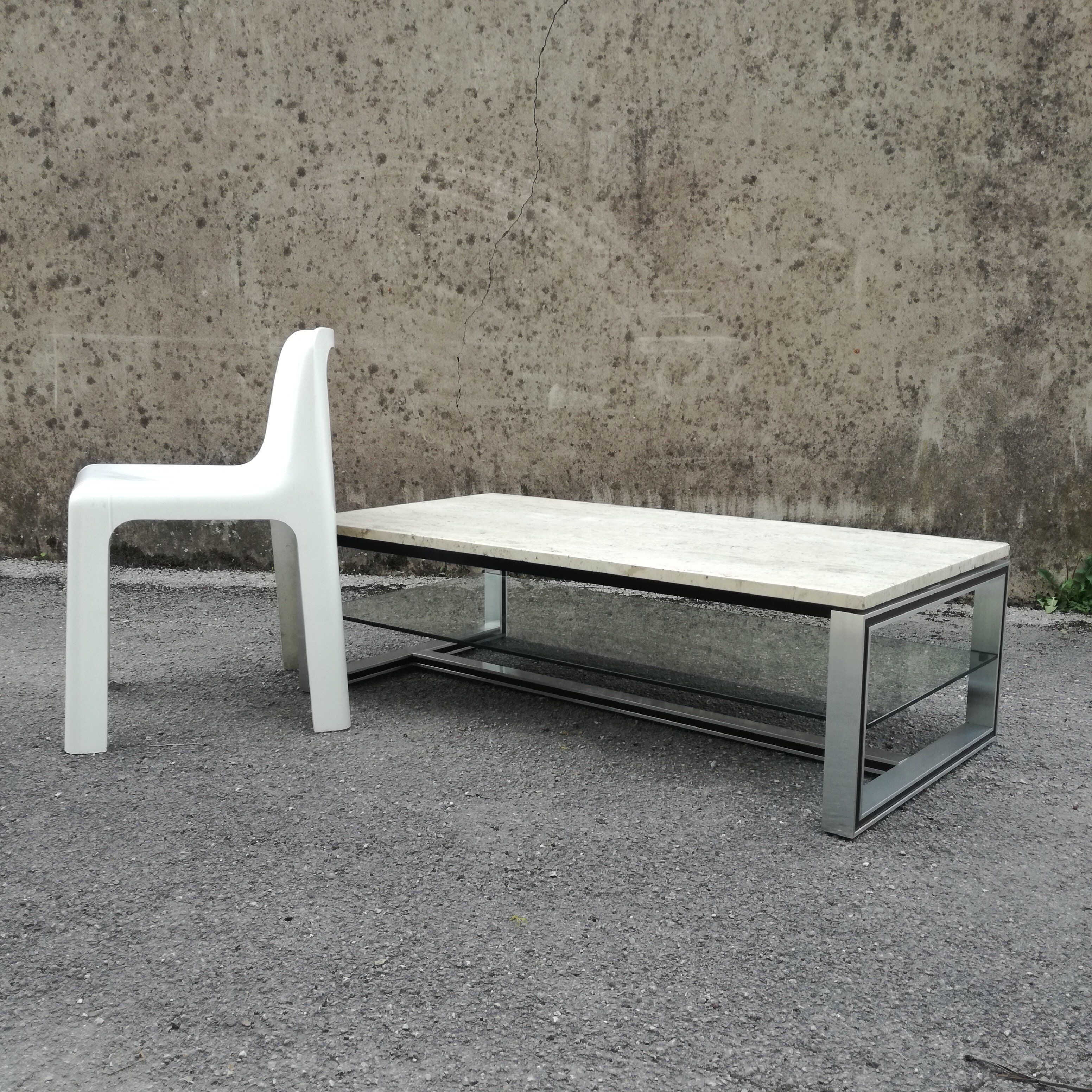 Rectangular coffee table in travertine, glass and aluminium L120