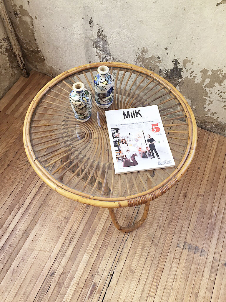 Vintage glass and rattan table