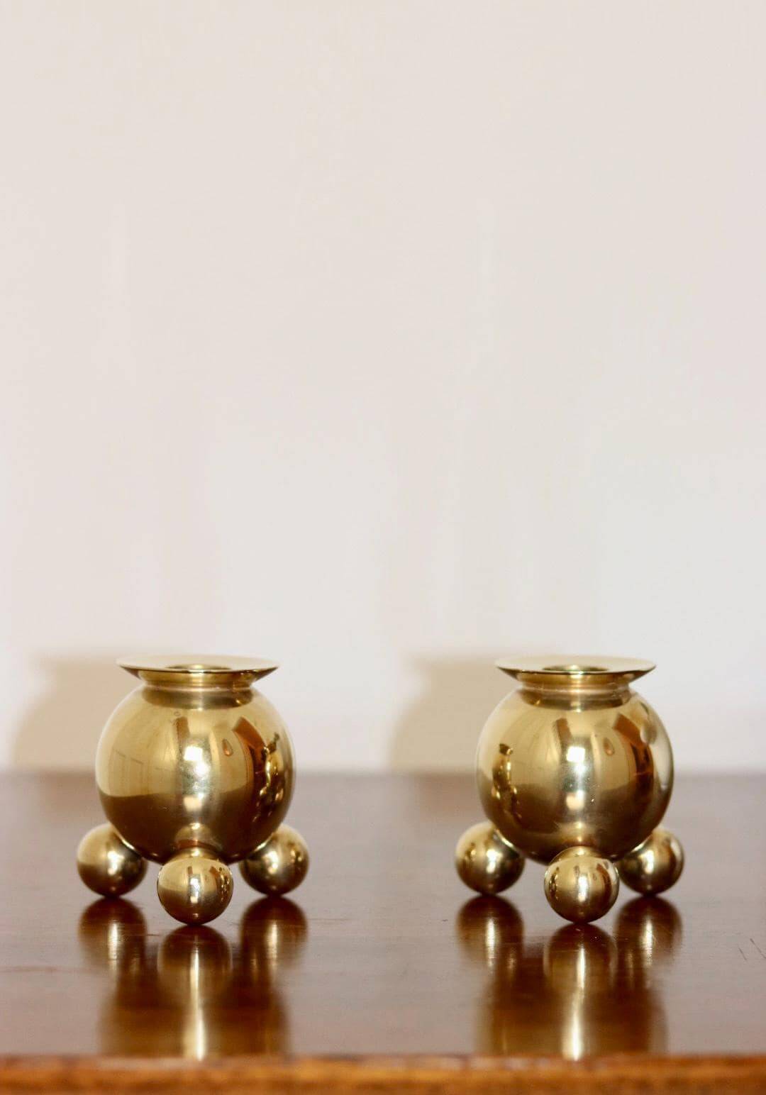 Pair of Mid-Century Swedish Brass Candle Holders by Gusum
