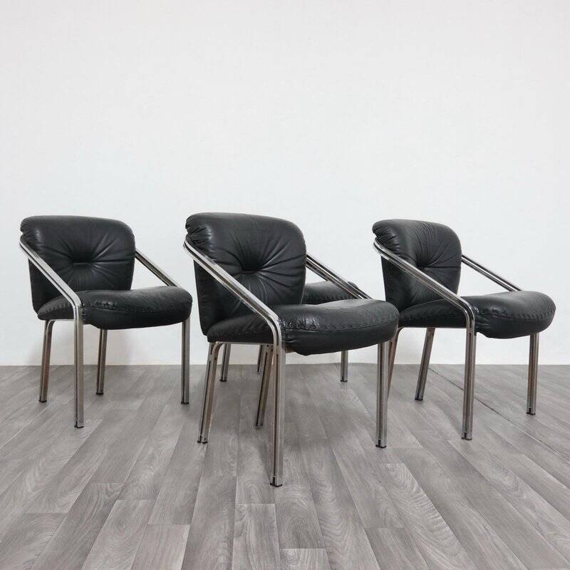 Dining Chairs with Steel and Leather by Mobil Girgi, 1970s, Set of 4