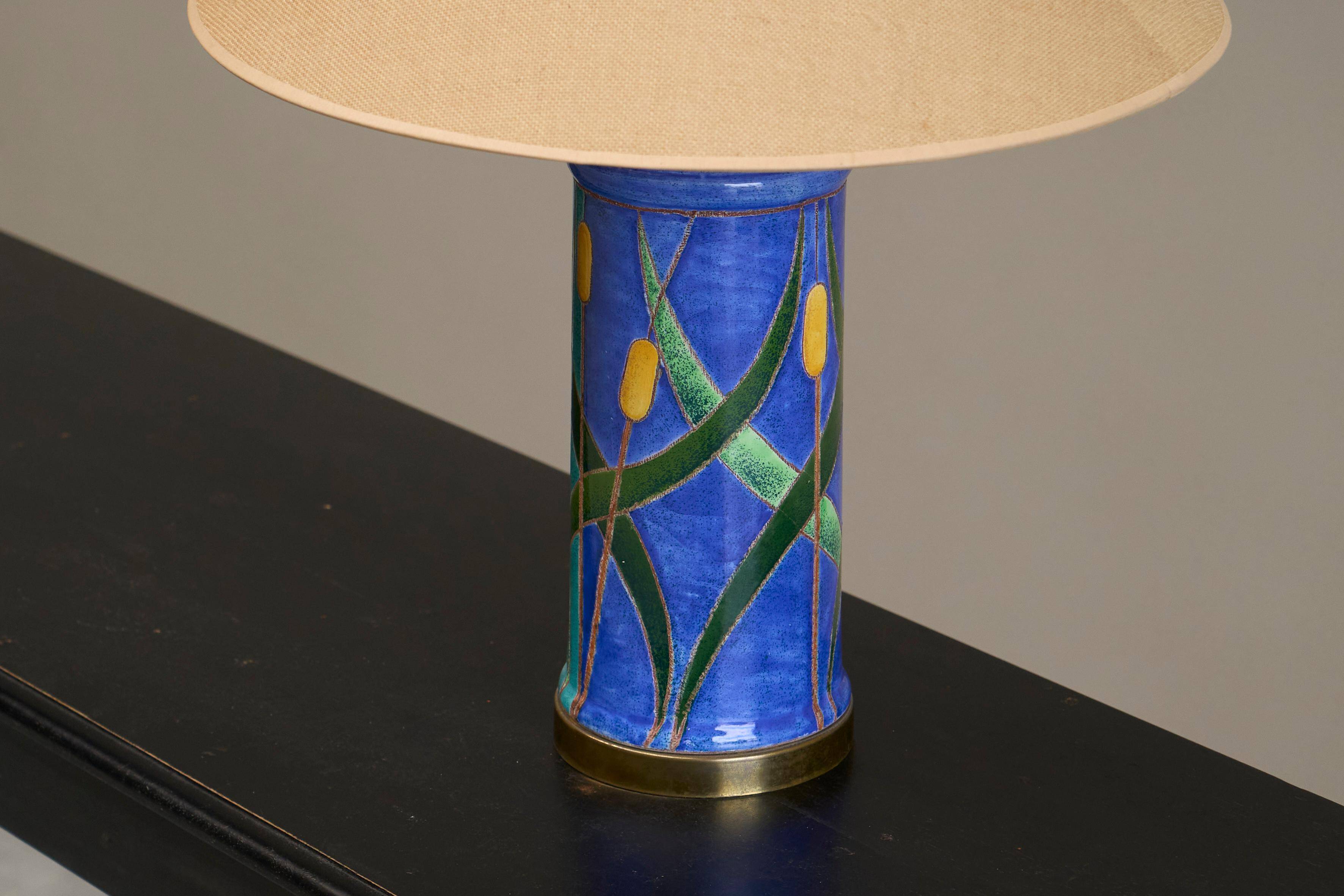 'Reed' table lamp in pottery and brass, mid-century style, 1960.