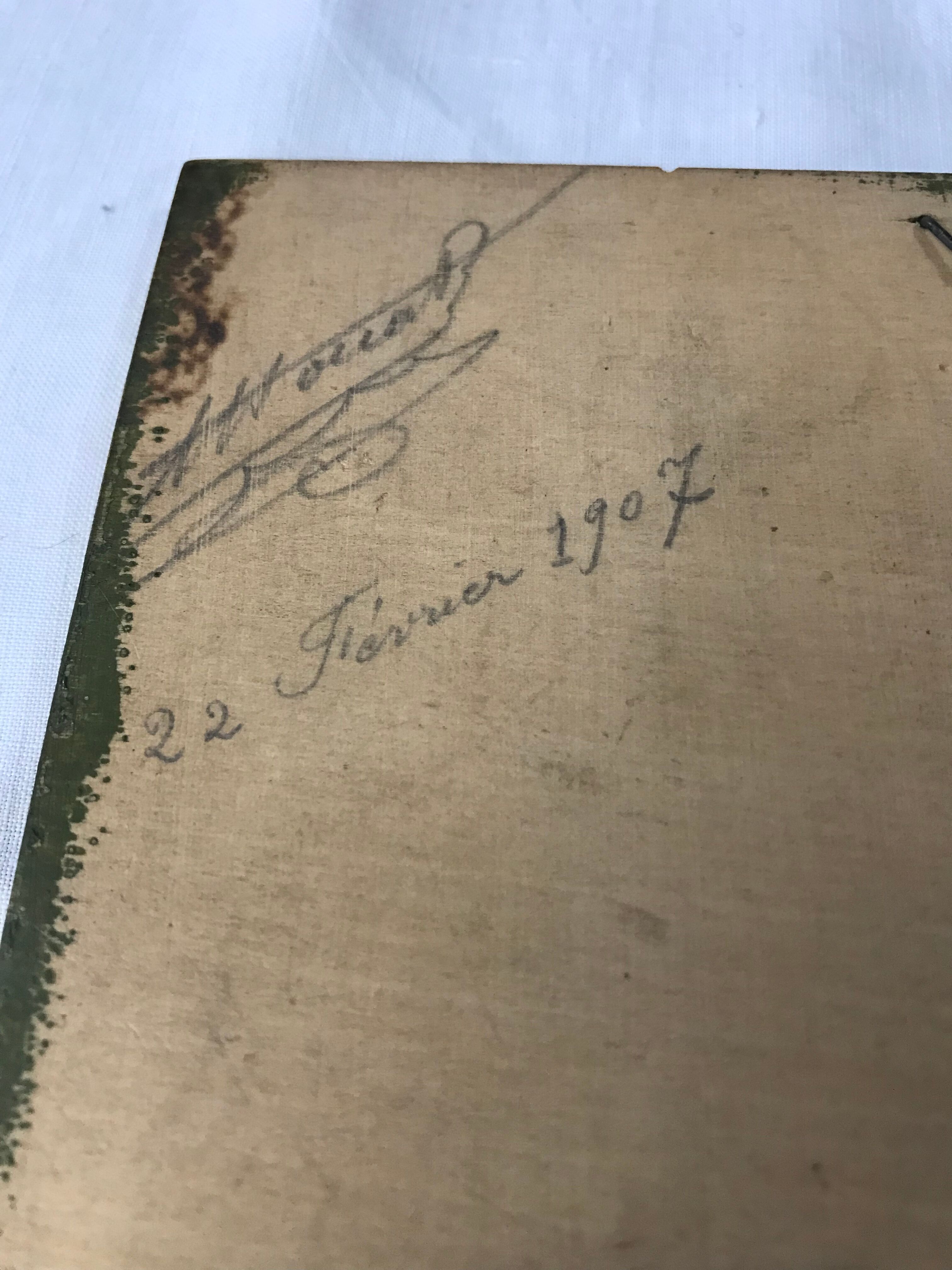 Art Nouveau panel in pyrograved wood signed Houal