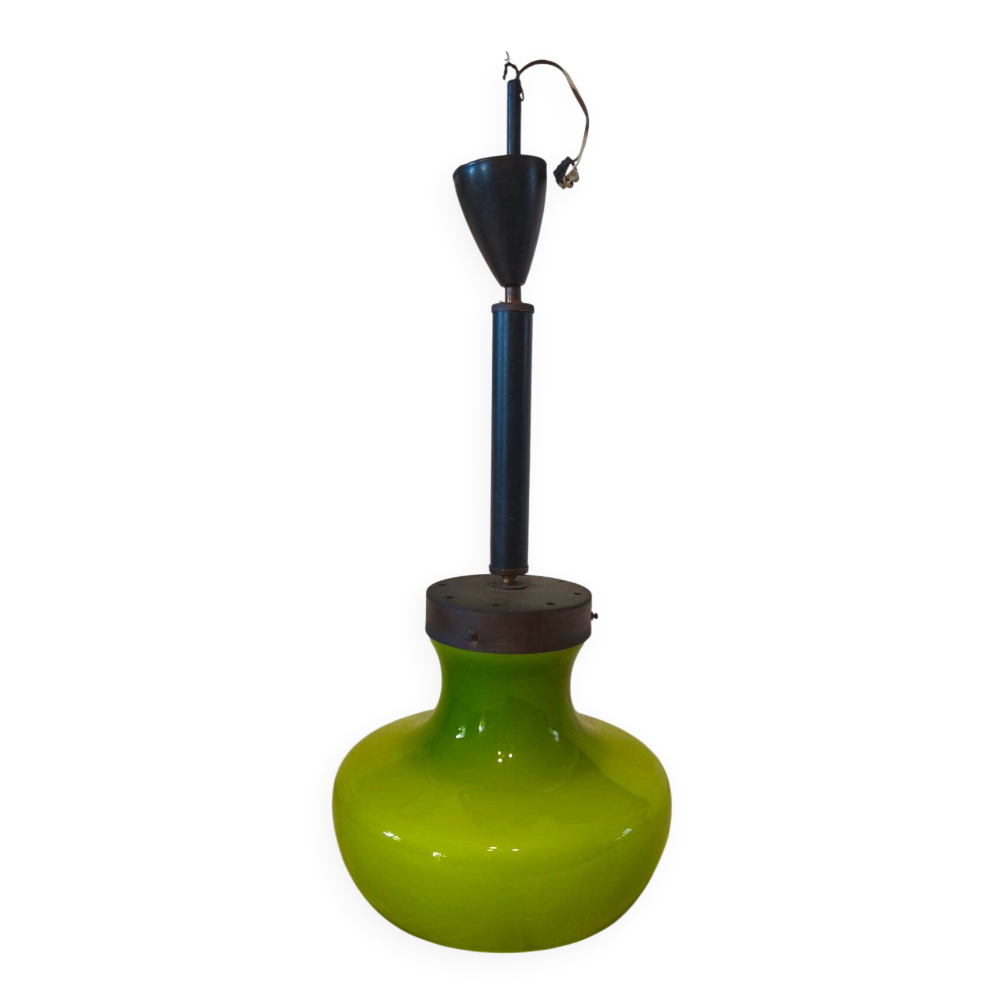 Sixties lustre. Opaline towards anise, white interior, brass stem.