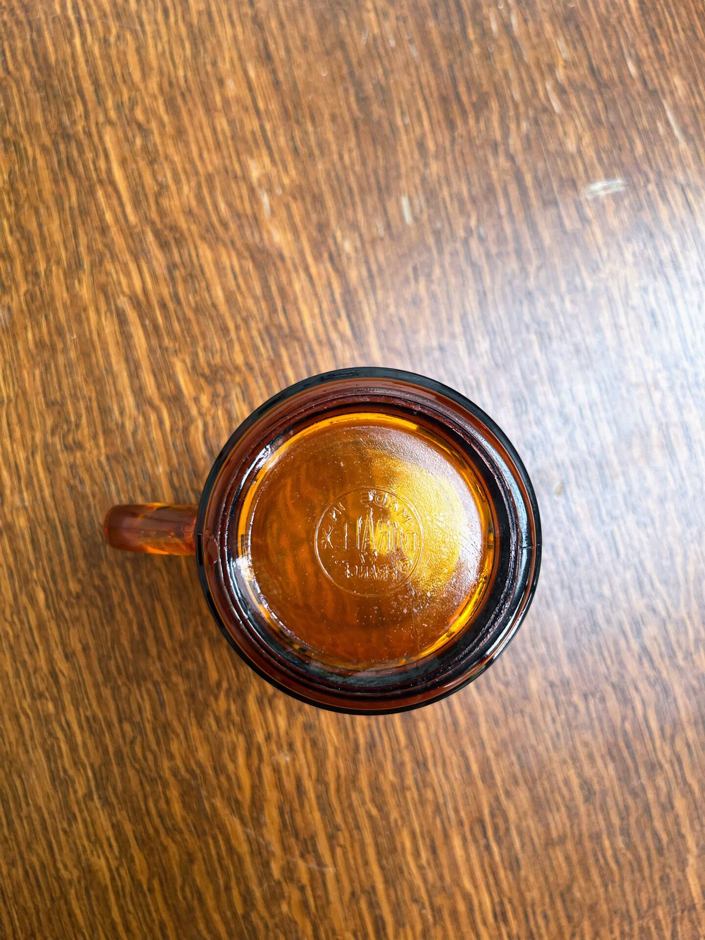 8 vintage Duralex amber glass mugs