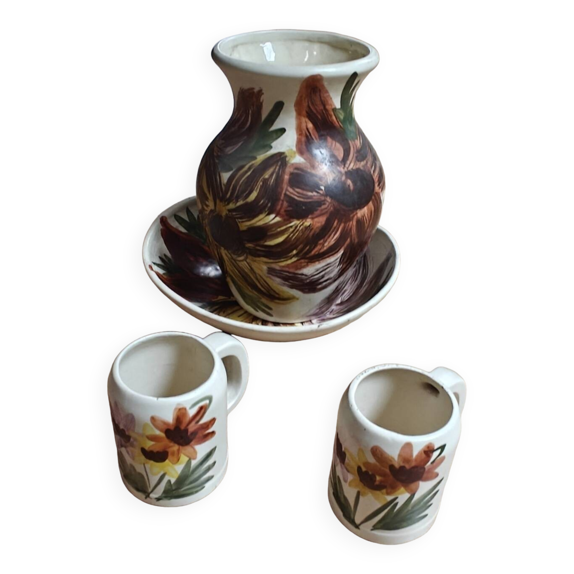 Vintage floral stoneware pitcher vase saucer and mug set