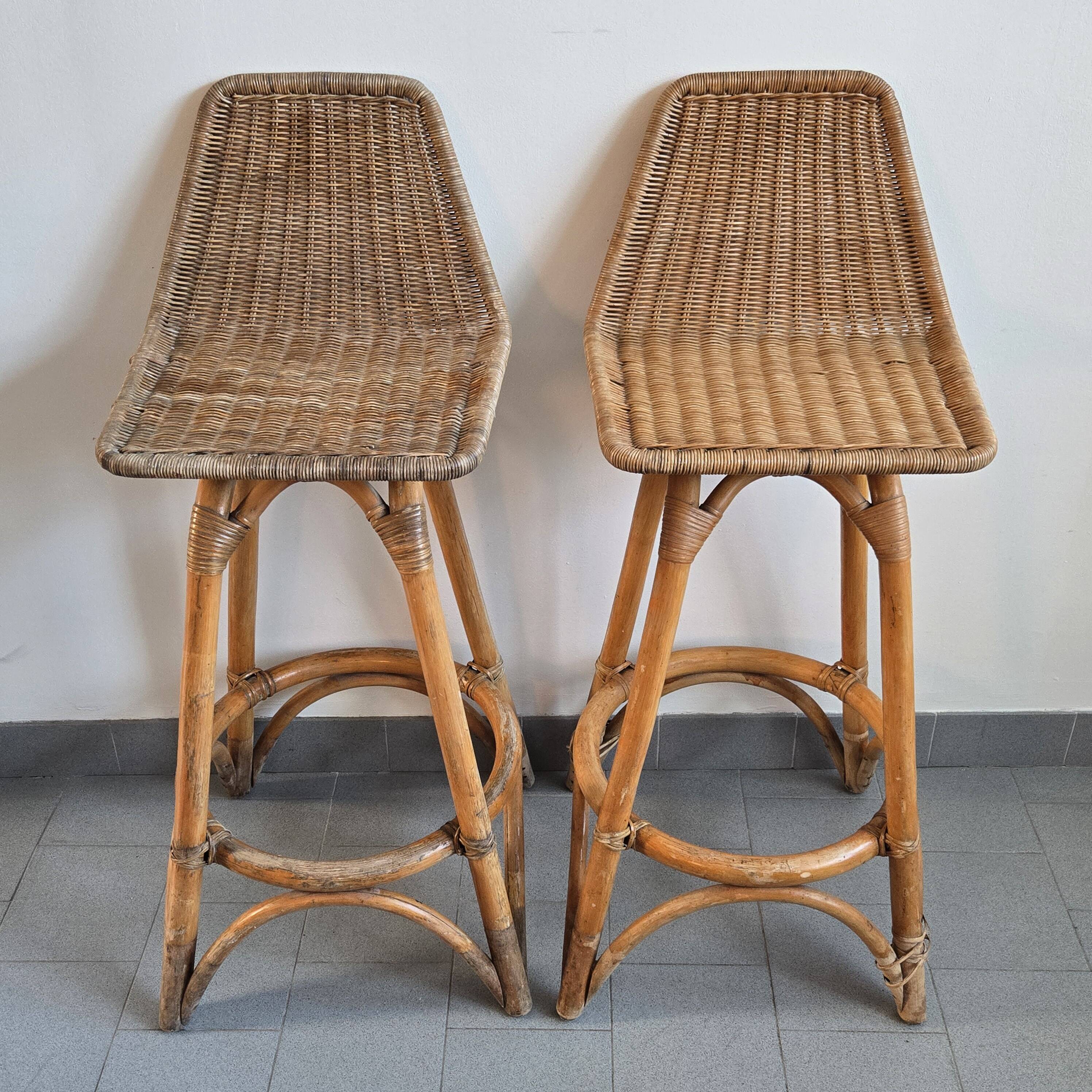 Pair of vintage rattan & bamboo stools 1950