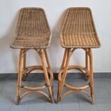 Pair of vintage rattan & bamboo stools 1950