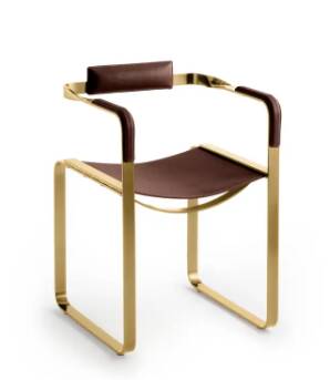 Armchair, aged brass steel and dark brown leather upholstery, contemporary style.