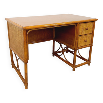 Bureau vintage en rotin, rotin tressé et bois style Maugrion Roche-Bobois