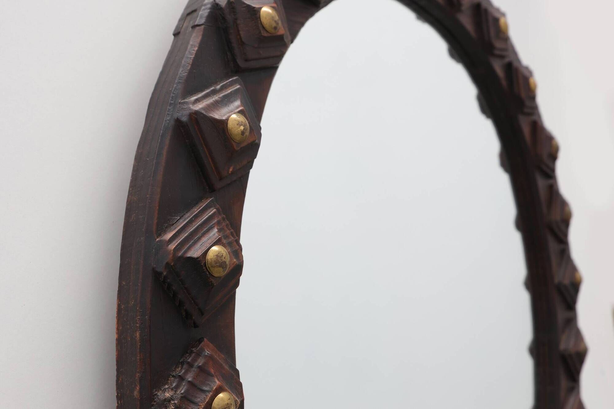 Spanish Brutalist Oval Mirror in Hand-Carved Wood with Brass Studs