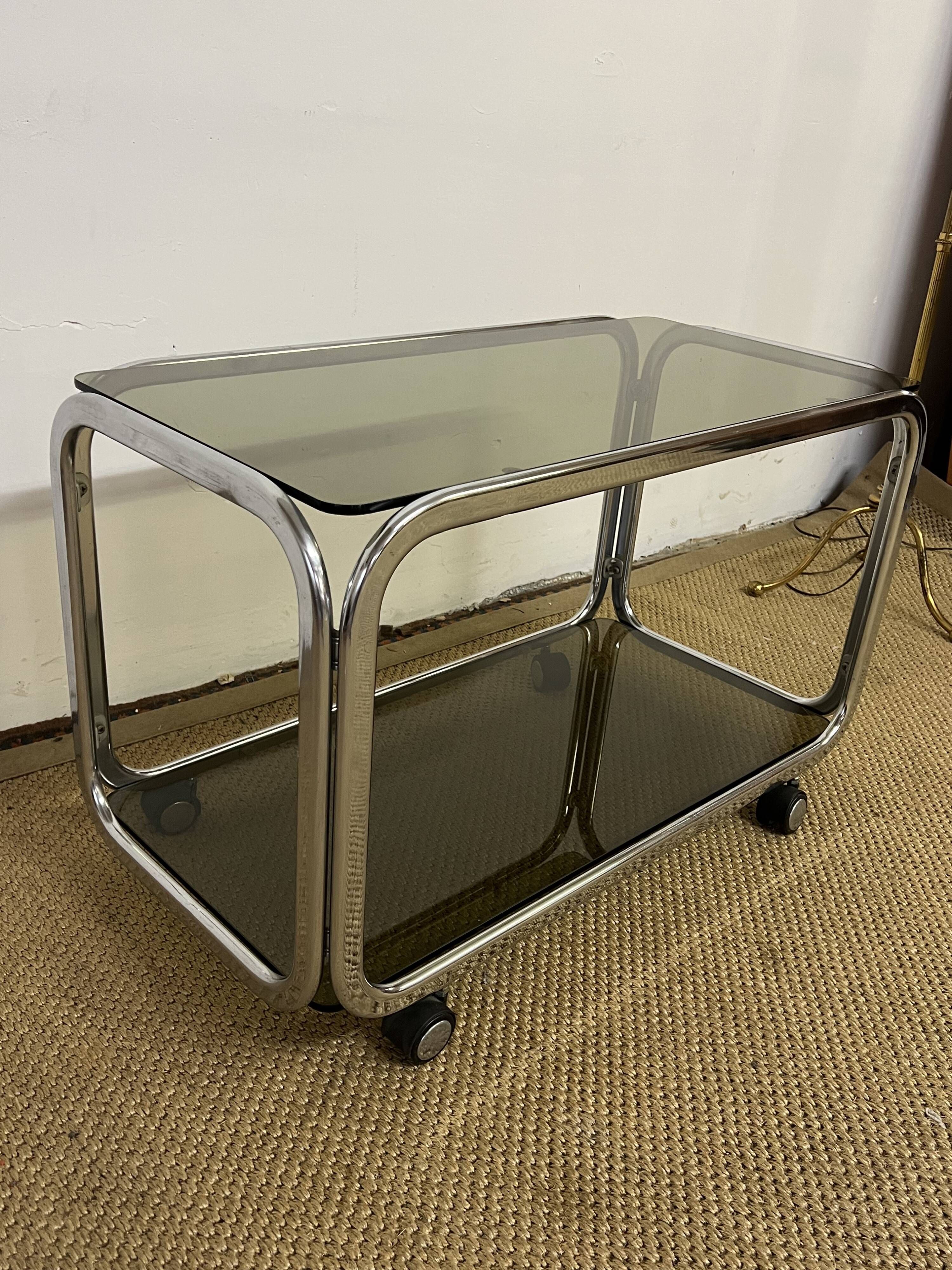 Metal and smoked glass rolling trolley / Bar cart from the 70s