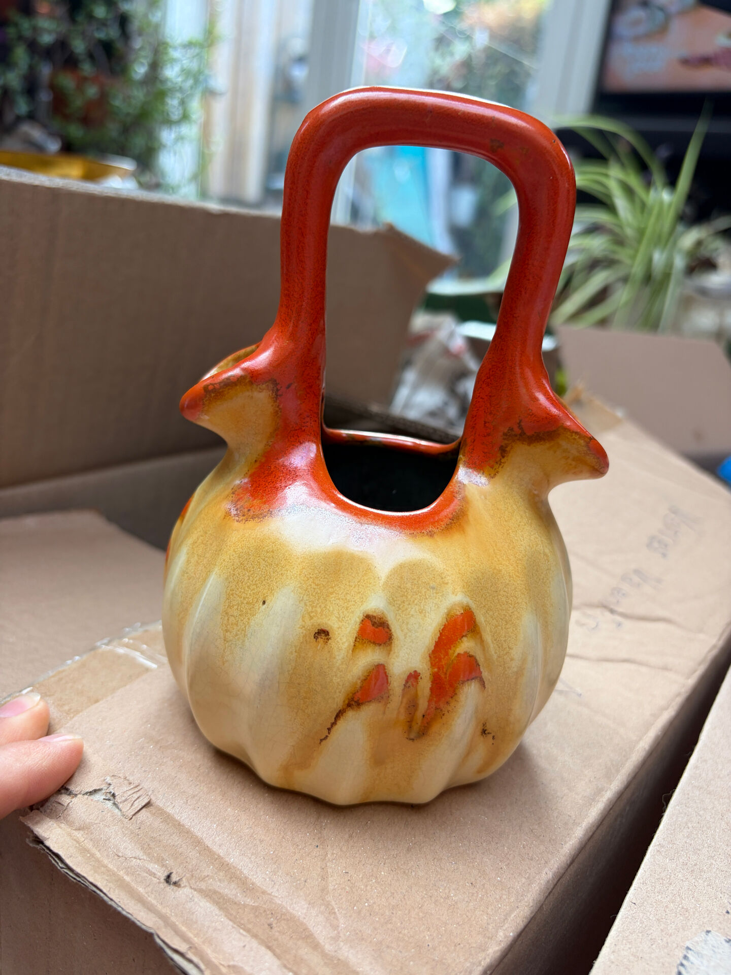 Vase soliflor double ouverture Belgique orange marron vintage