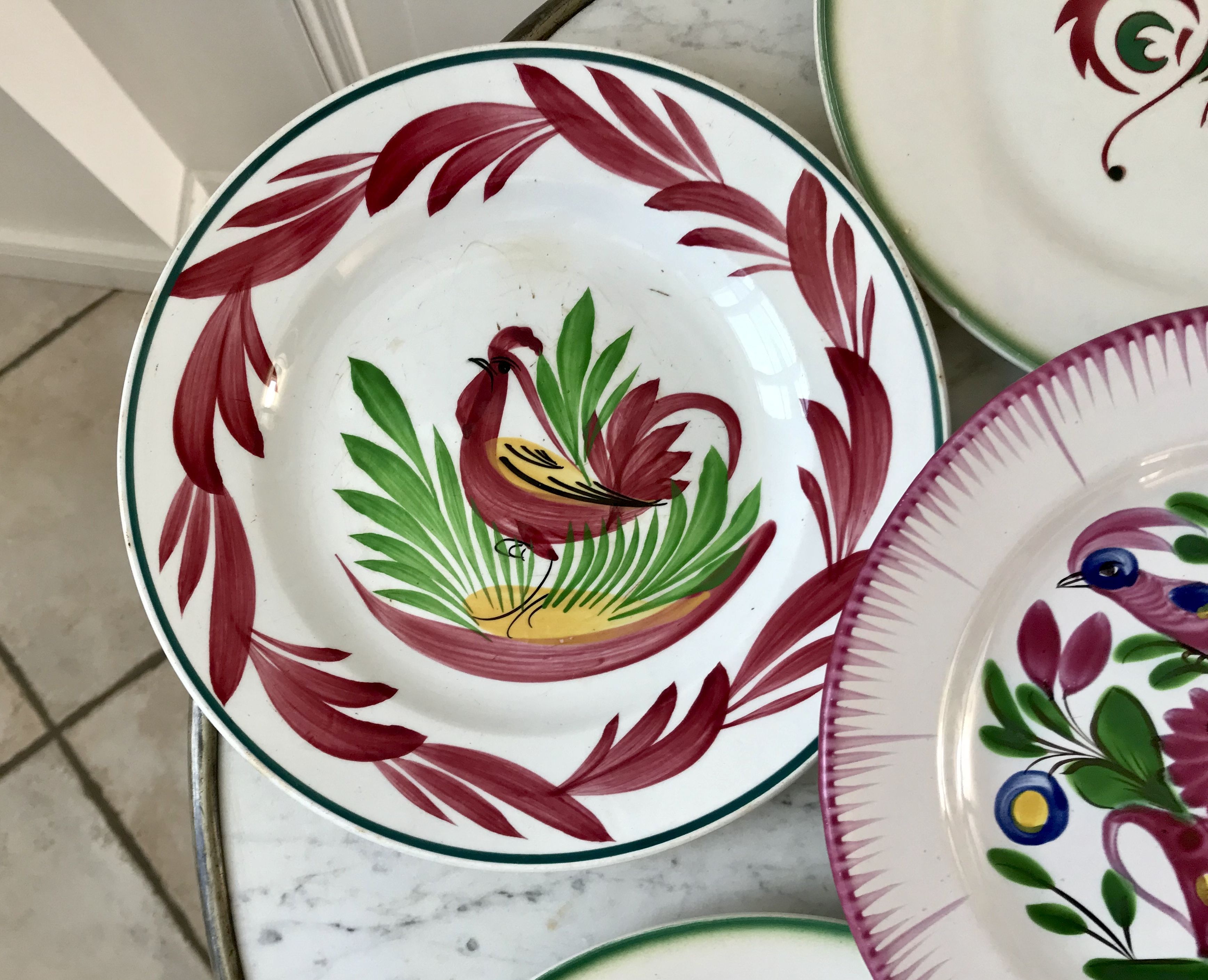 Set of 6 flat plates mismatched Digoin Sarreguemines models Rooster and Casino 30s