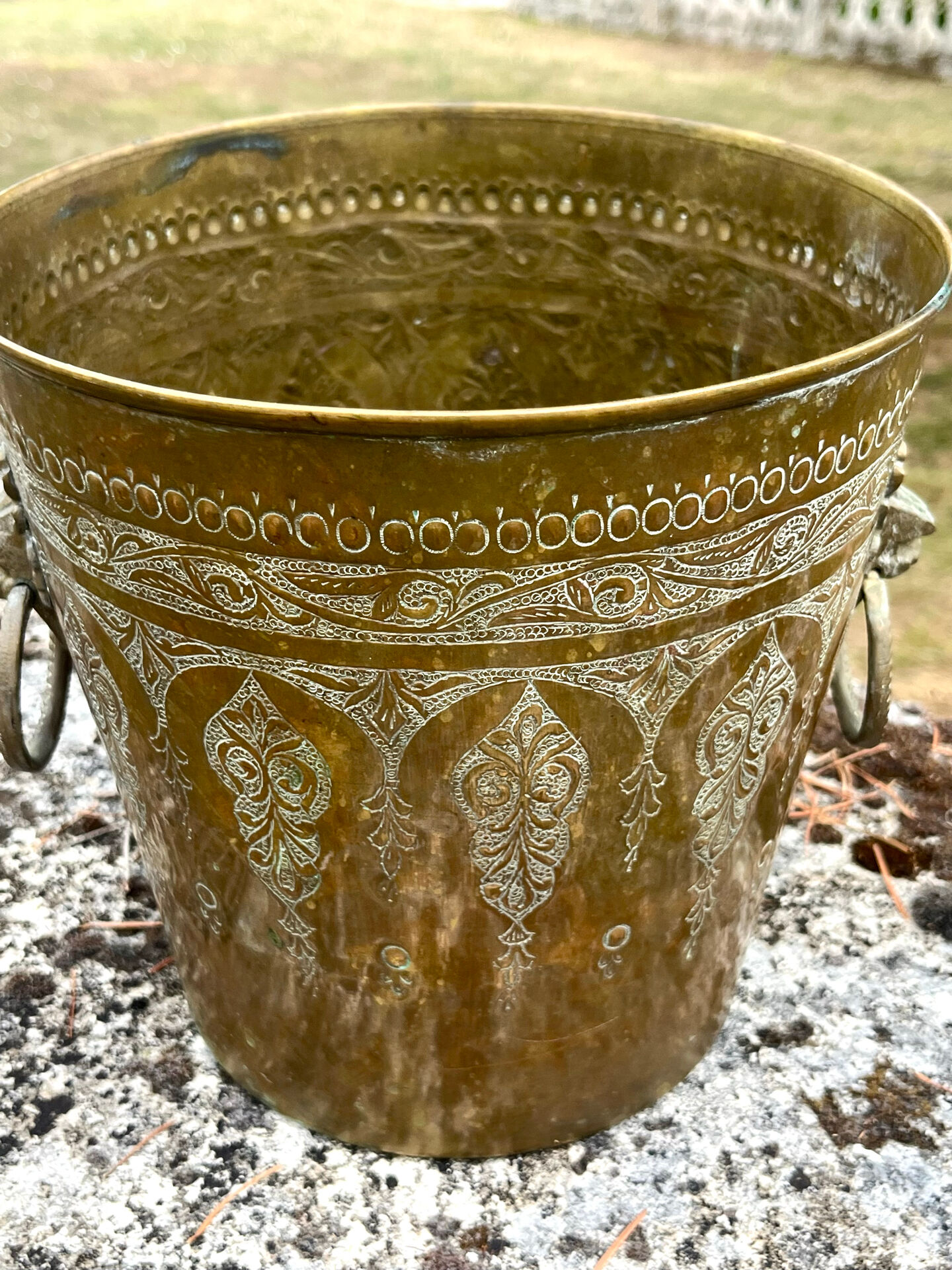 Persian Brass Champagne Bucket, Hand Engraved Ram Head Handles
