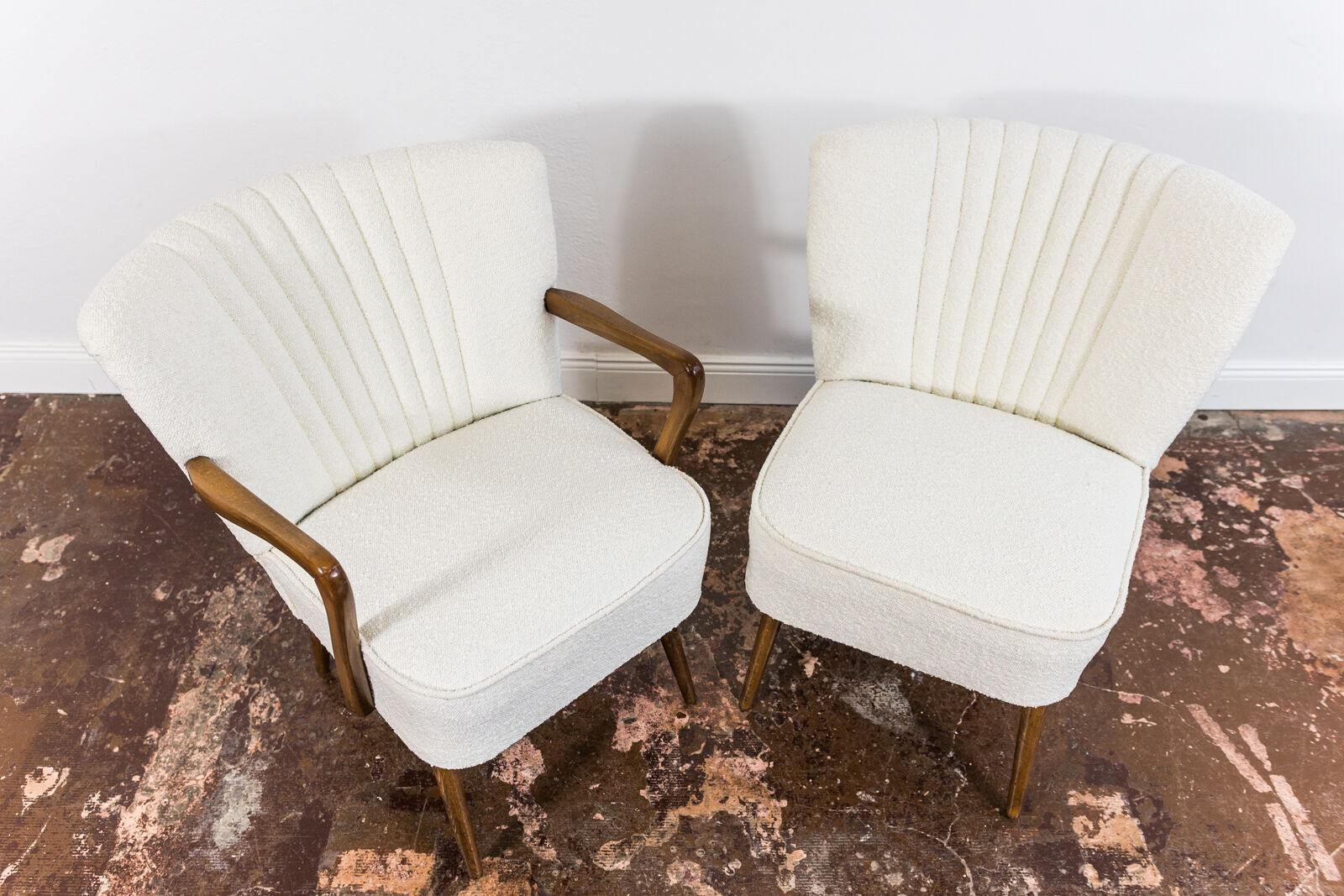 Pair of white cream boucle cocktail chairs, 1950s