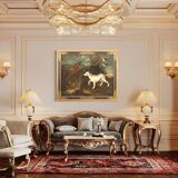 Tableau ancien du 18ème siècle, paysage avec chien
