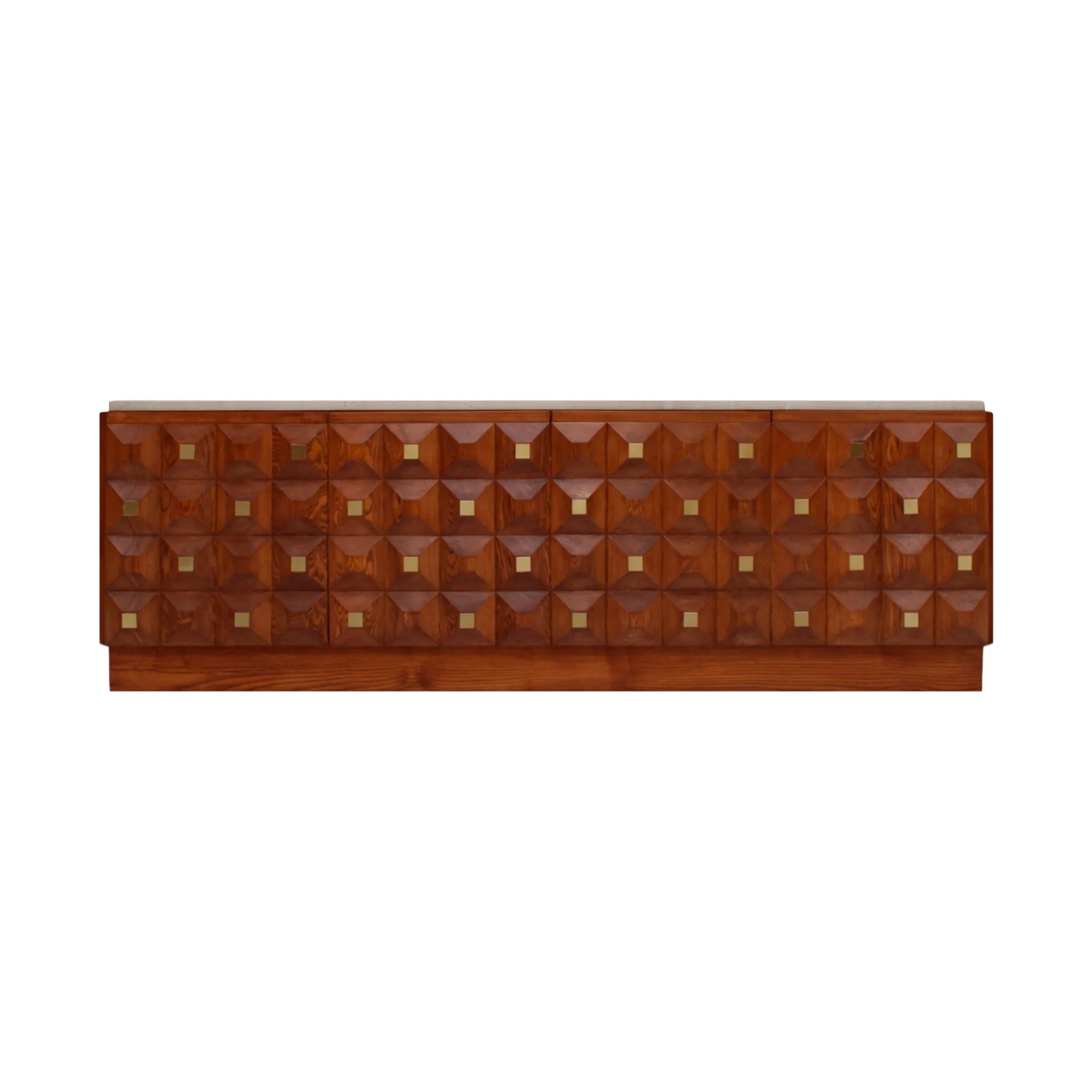 Contemporary Square Pattern Oak Wood, Brass and Travertine Top Italian Side