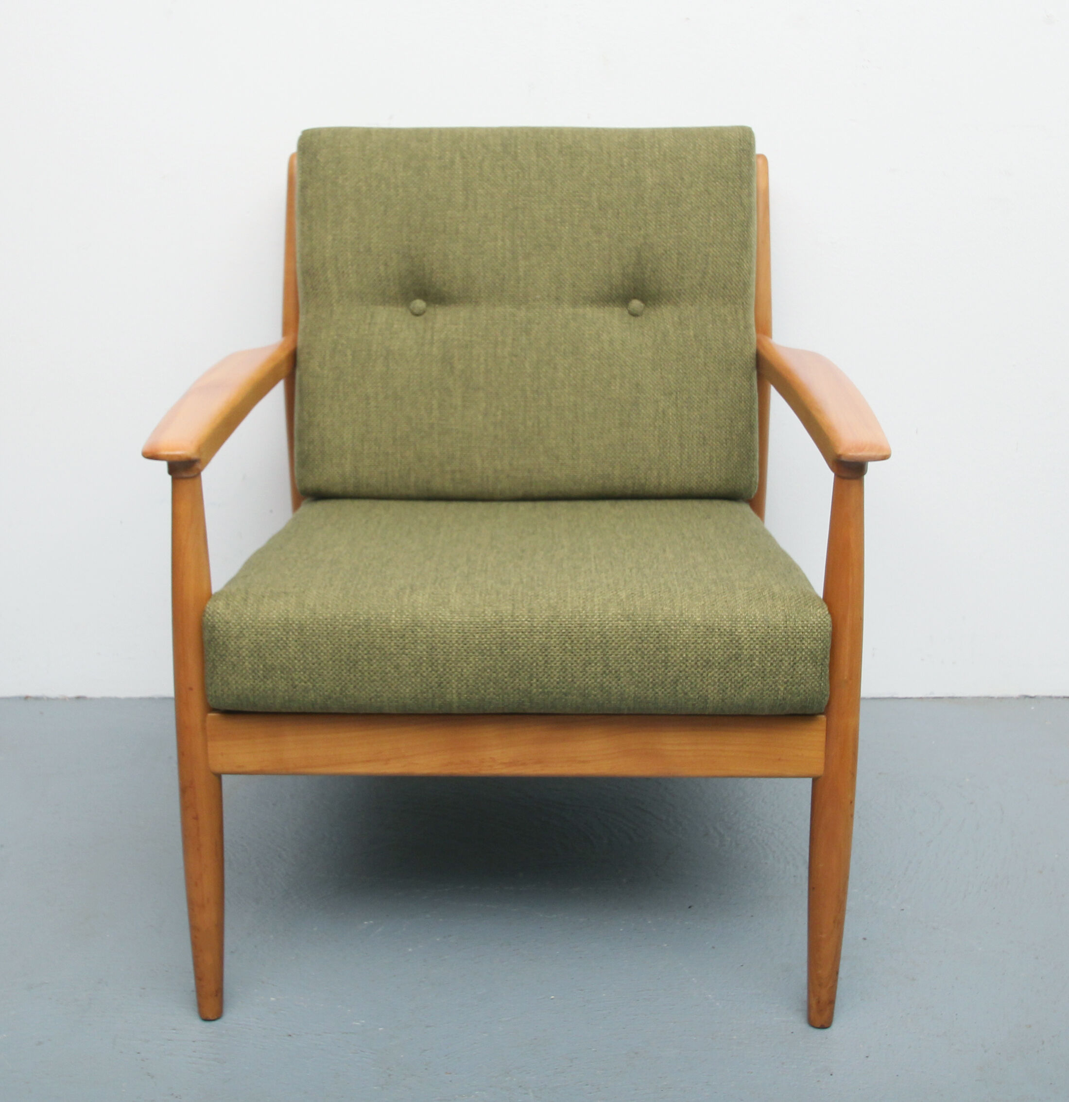 1960s armchair in cherrywood, new cushions in green