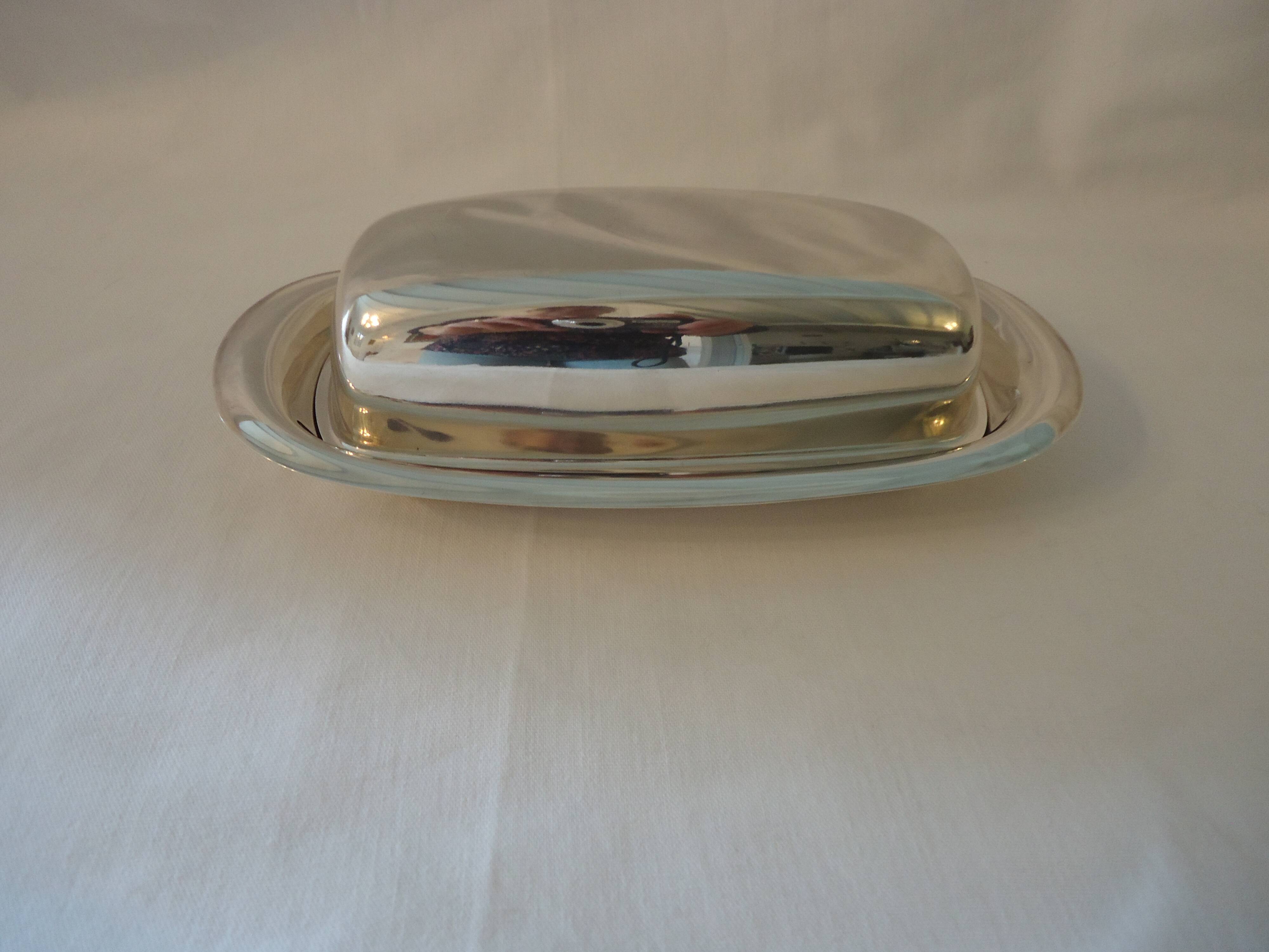Beurrier métal argenté et ravier en verre,  fleuron (par christofle)