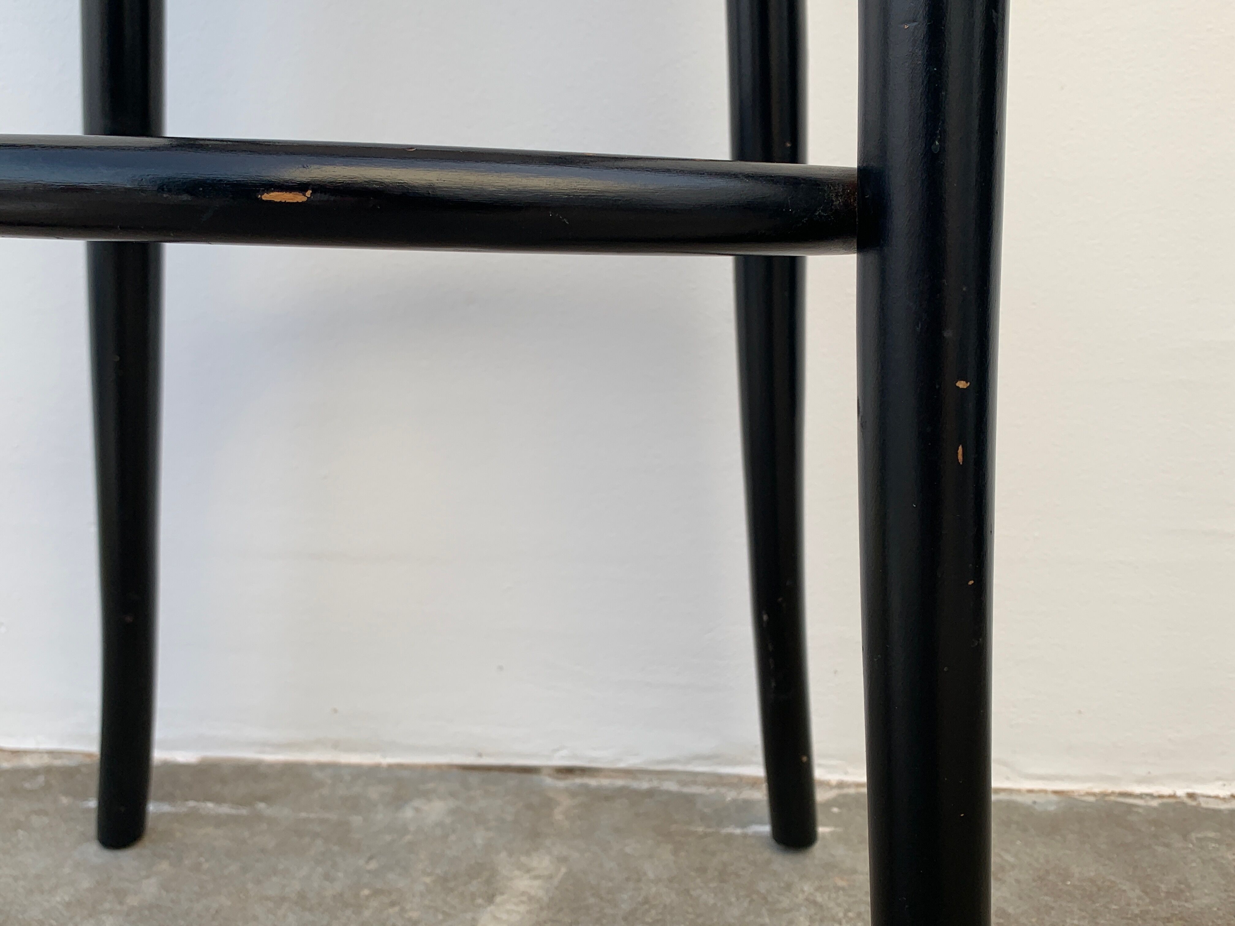 Pair of high canne stools or black curved wooden bar chairs, 1970