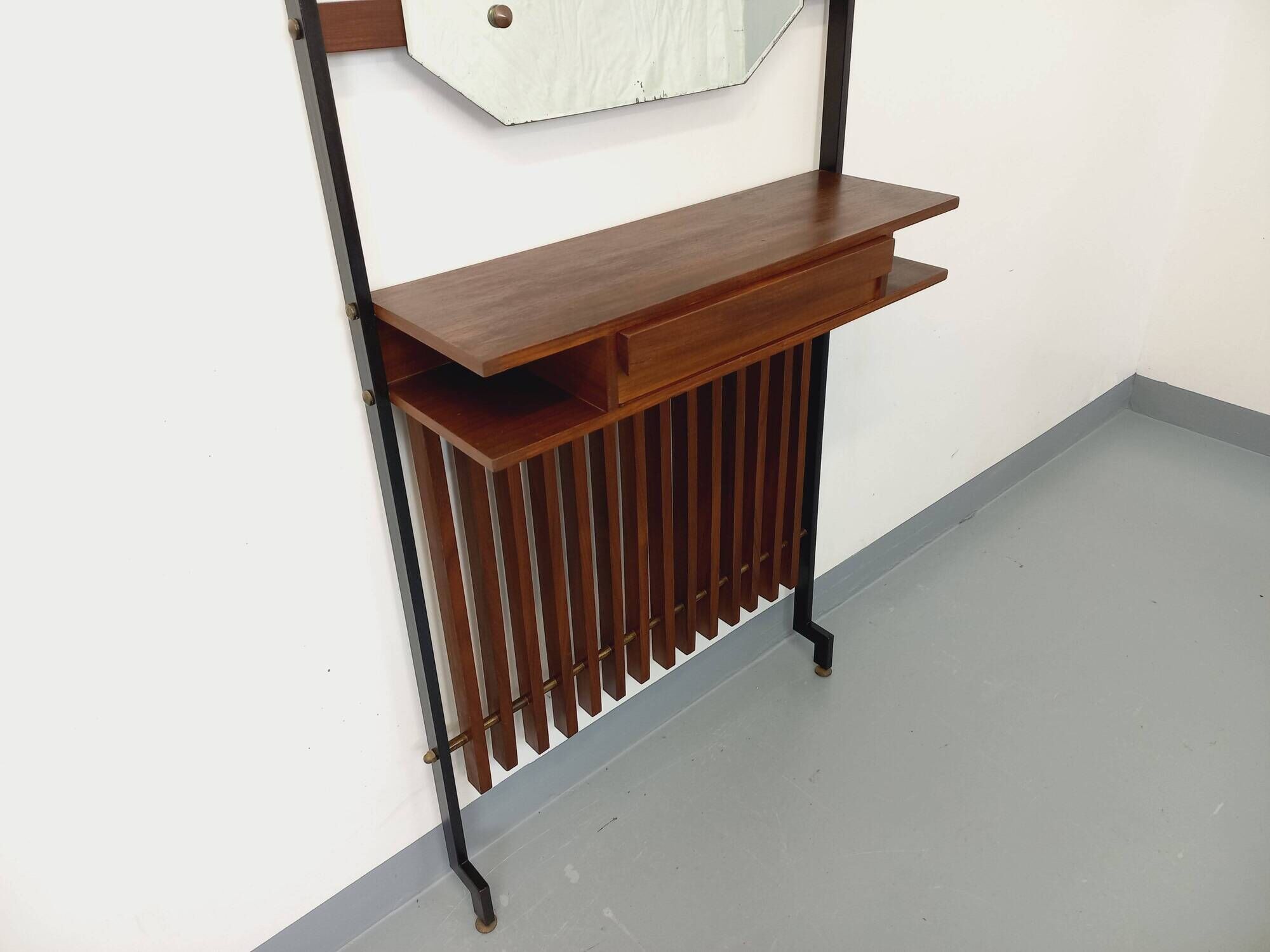 Vintage Italian hall cabinet with mirror and teak shelves
