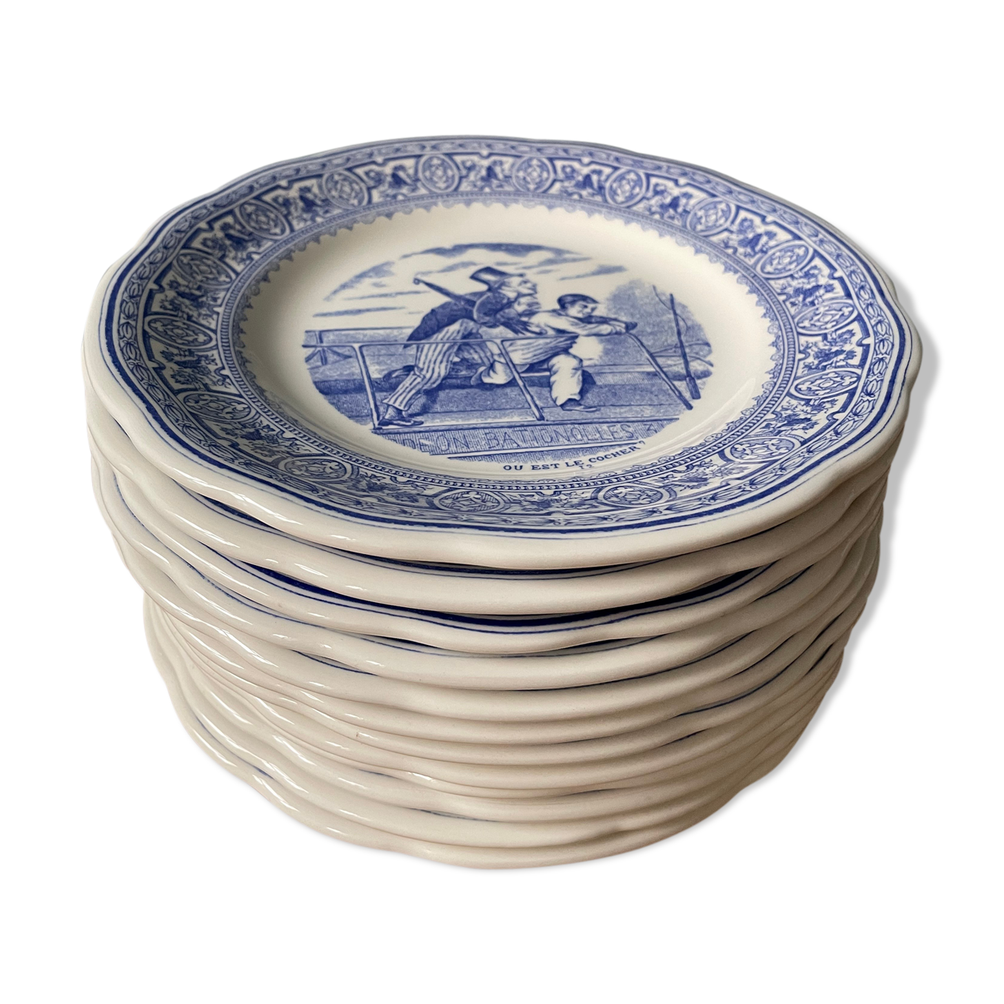 Complete set of 12 talking plates in Gien earthenware