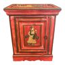 Bajot bedside table painted wood indian scene with red tone holder