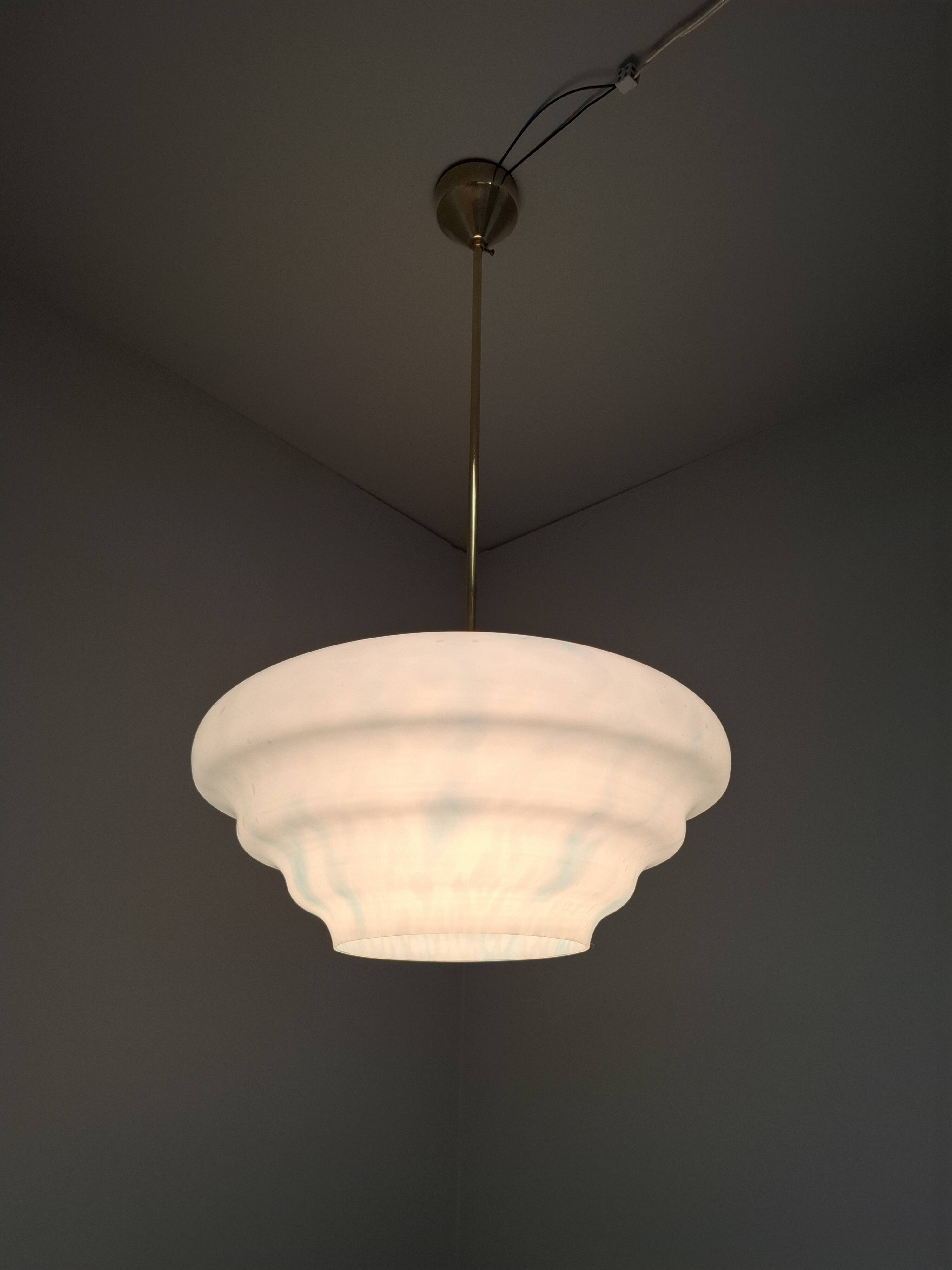 Napako Midcentury Modern Pendant Lamp in Opaline Glass and Brass, Czechoslovakia