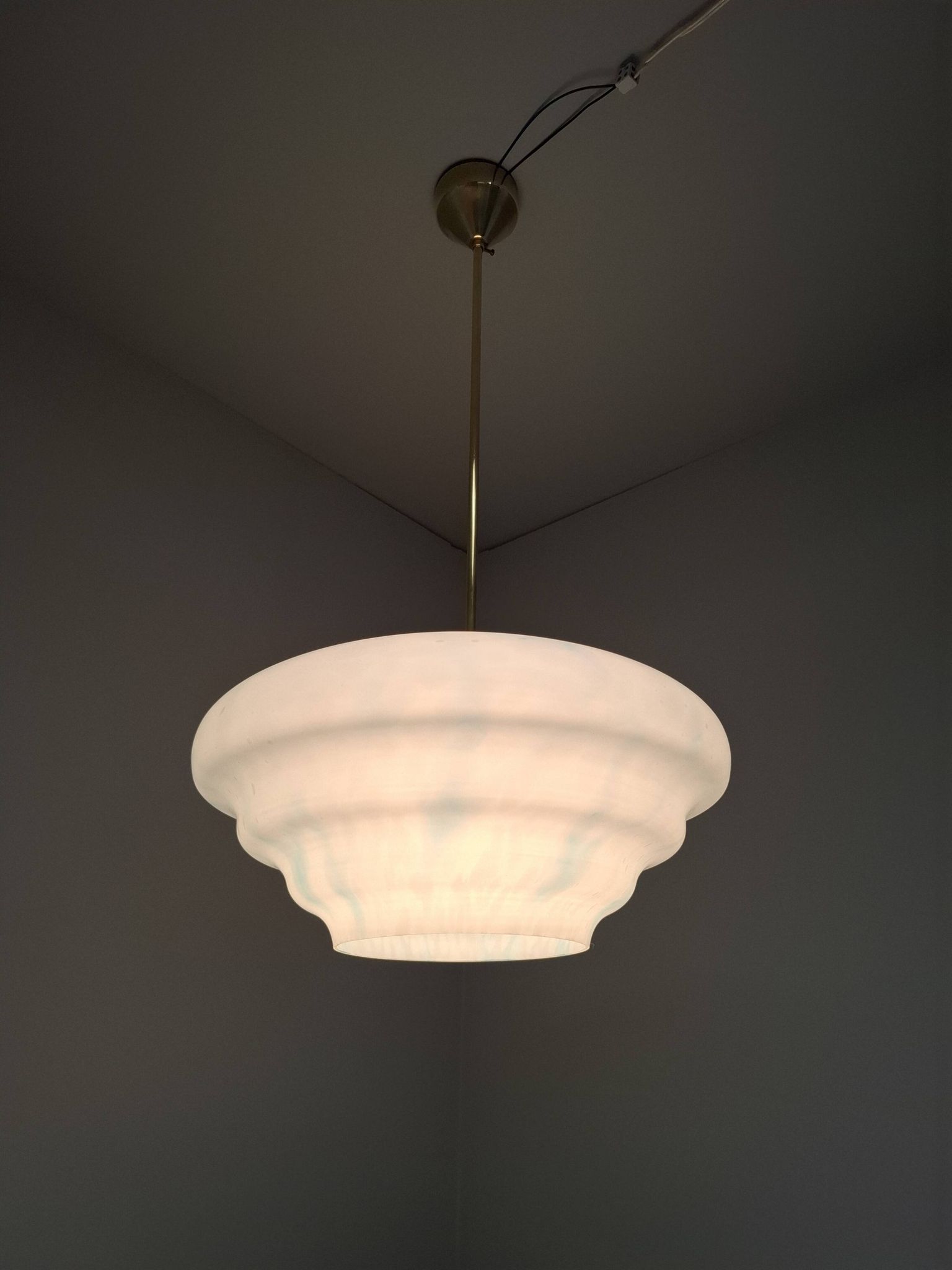 Napako Midcentury Modern Pendant Lamp in Opaline Glass and Brass, Czechoslovakia