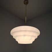 Napako Midcentury Modern Pendant Lamp in Opaline Glass and Brass, Czechoslovakia
